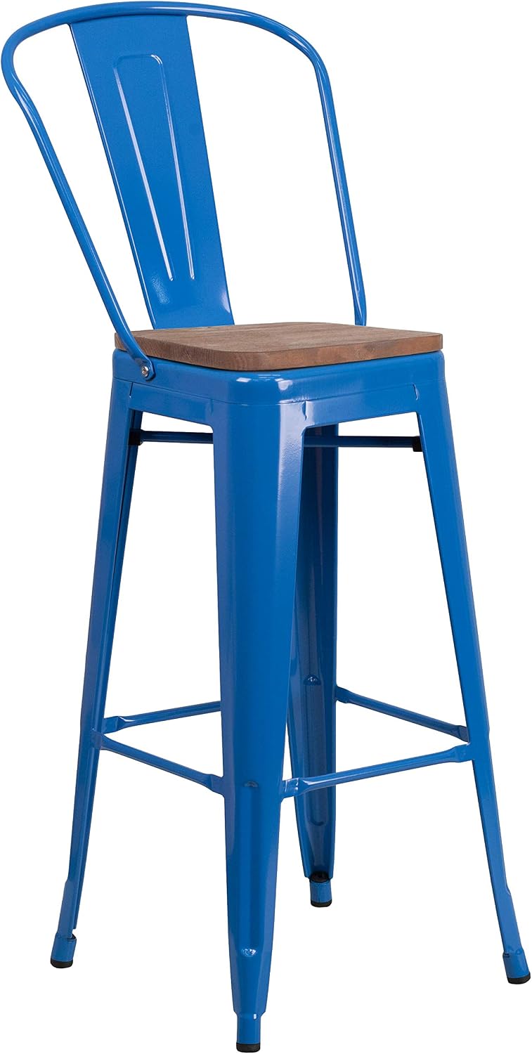 Flash Furniture 30 in Metal Barstool with Back, Blue | Commercial Grade, Removable Back, Indoor/Outdoor Use