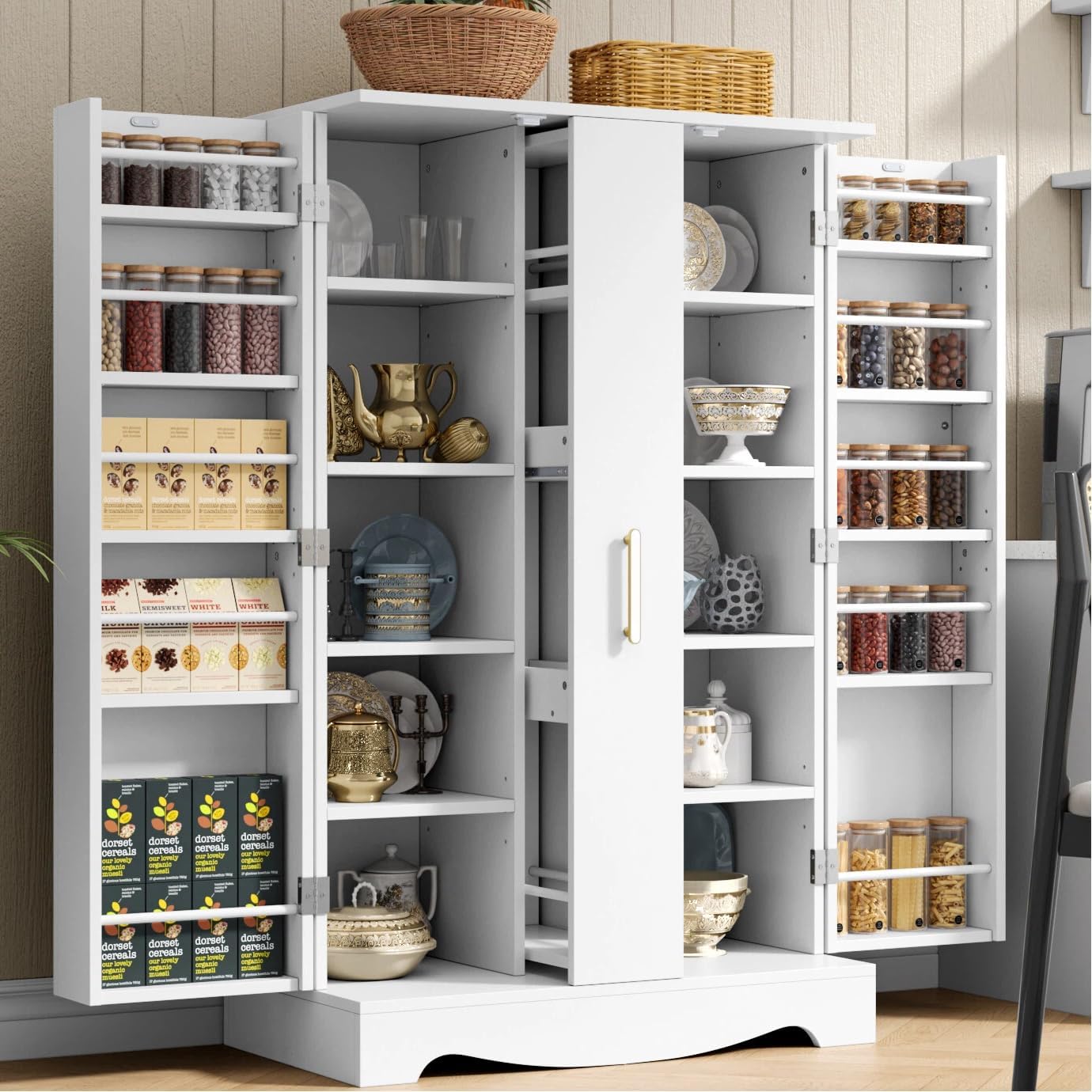 kepptory 47” Pantry Cabinet, Kitchen Pantry Storage Cabinet with Doors and Adjustable Shelves,Freestanding Buffet Cupboards Sideboard for Living Room and Dinning Room (White)