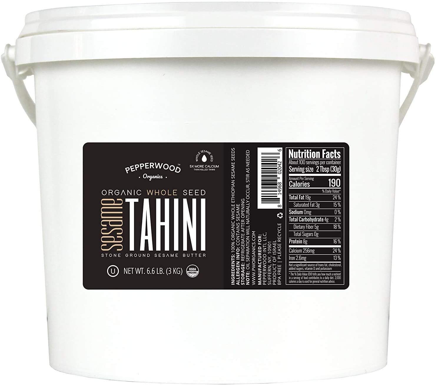 Organic Whole Sesame Tahini Paste - Bulk 6.6lb Bucket - Unhulled & Stone-Ground - Silky Smooth Texture in Hummus, Dips, Dressings - Unsalted, Nut-Free