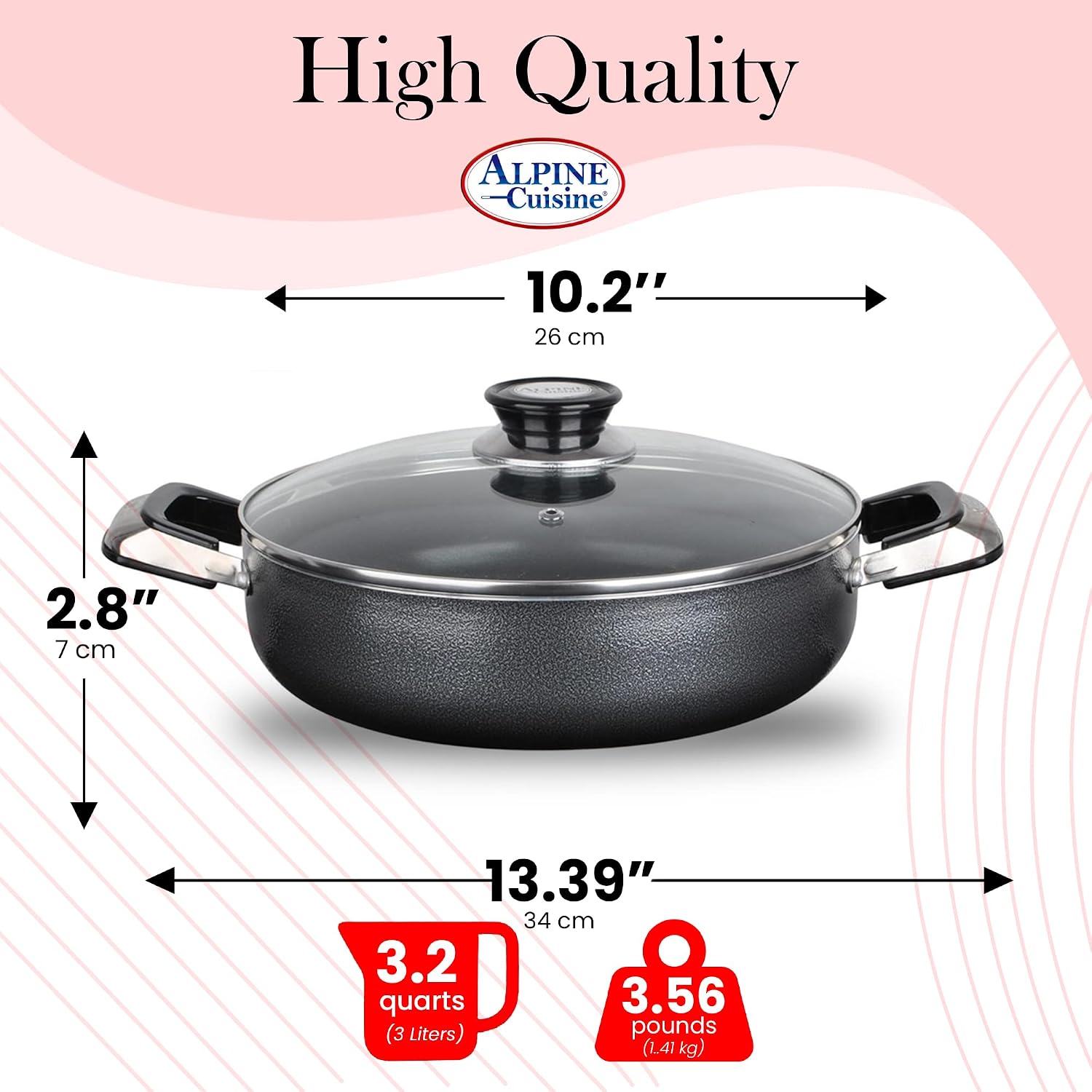Alpine Cuisine 4 Quart Non-stick Stock Pot with Tempered Glass Lid and Carrying Handles, Multi-Purpose Cookware Aluminum Dutch Oven for Braising, Boiling, Stewing