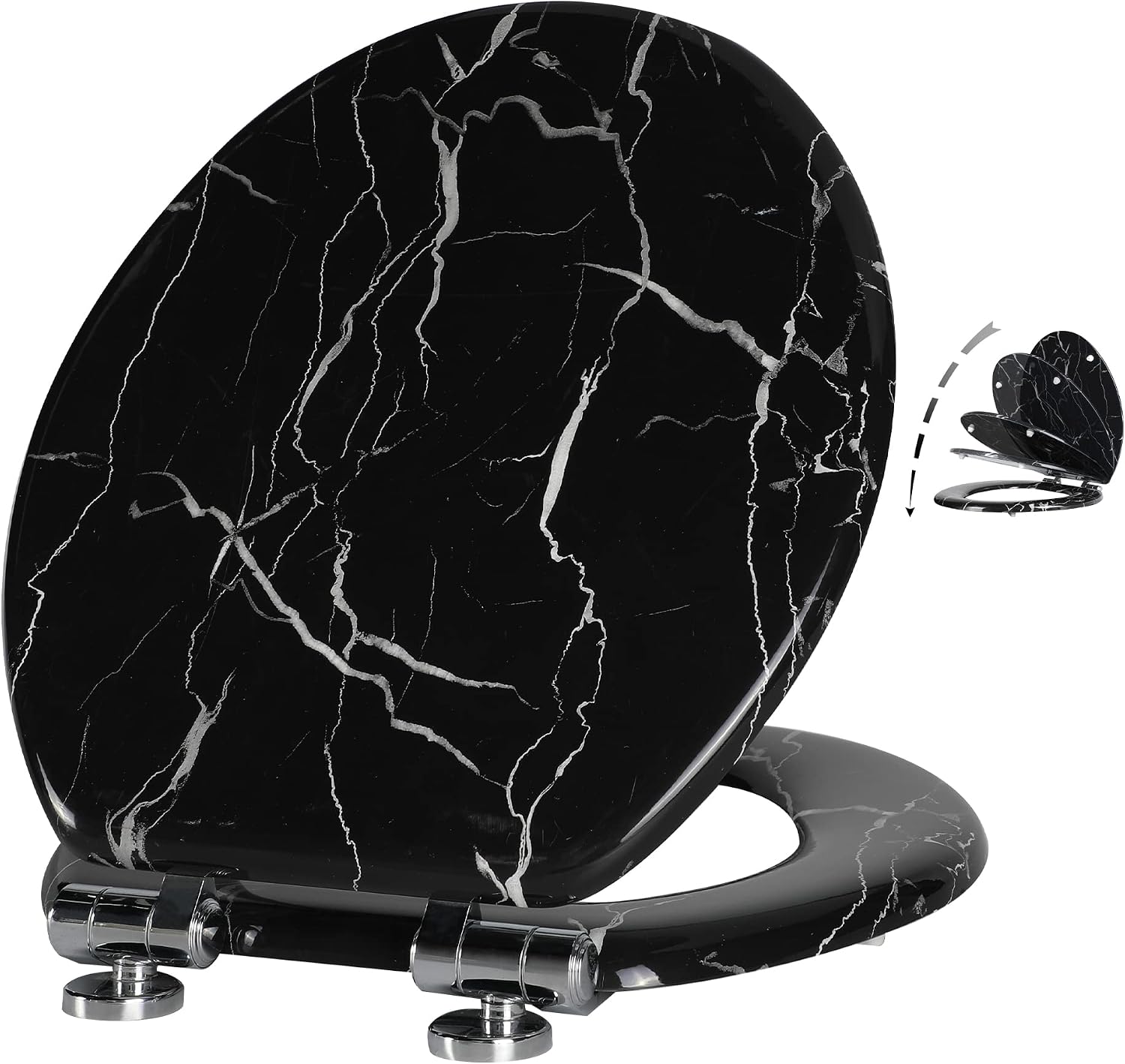 Angel Shield Marble Toilet Seat Durable Molded Wood with Quiet Close,Easy Clean，Quick-Release Hinges (Elongated,Black Marble)