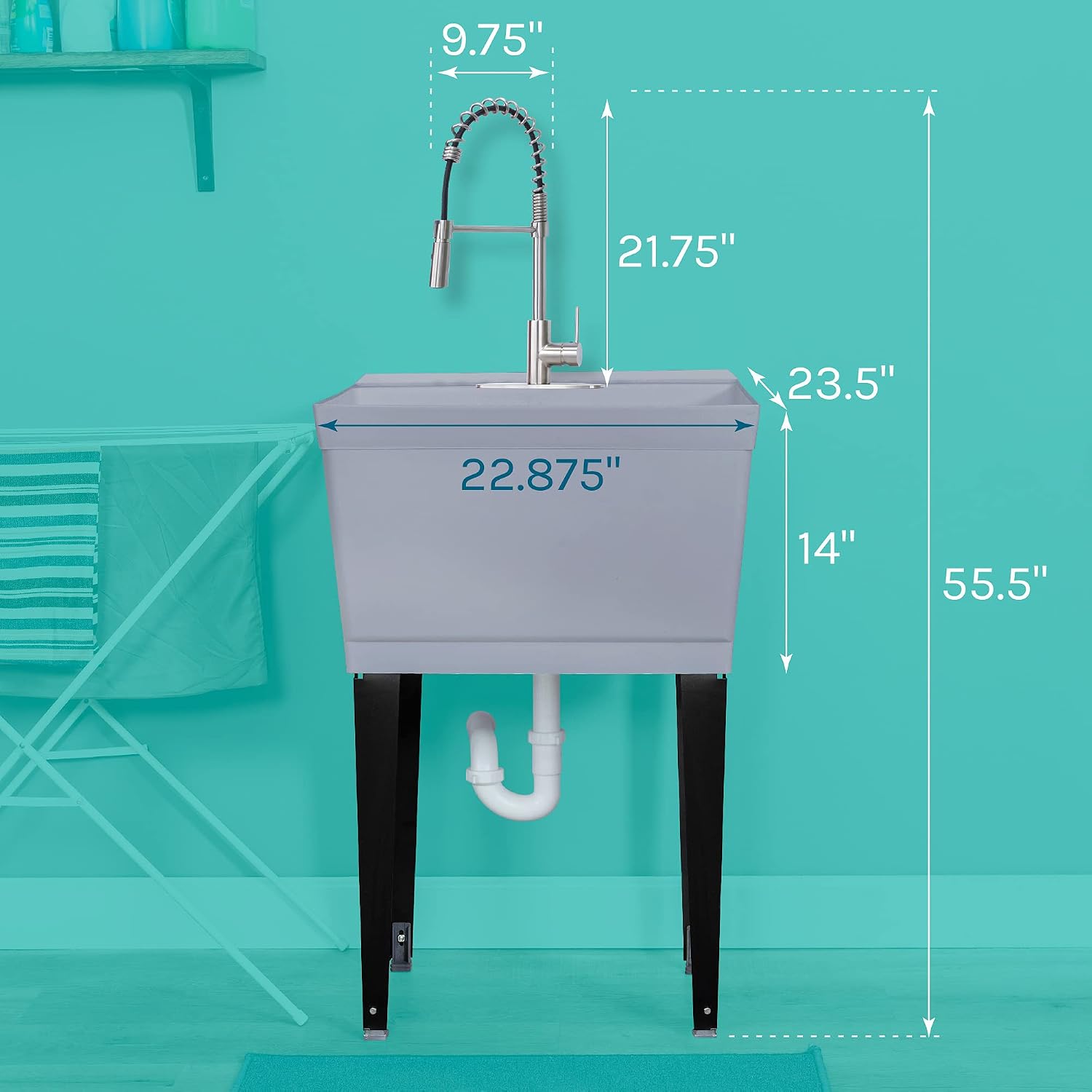 Utility Sink Extra-Deep Laundry Tub in White with High-Arc Stainless Steel Coil Pull-Down Sprayer Faucet, Integrated Supply Lines, P-Trap Kit