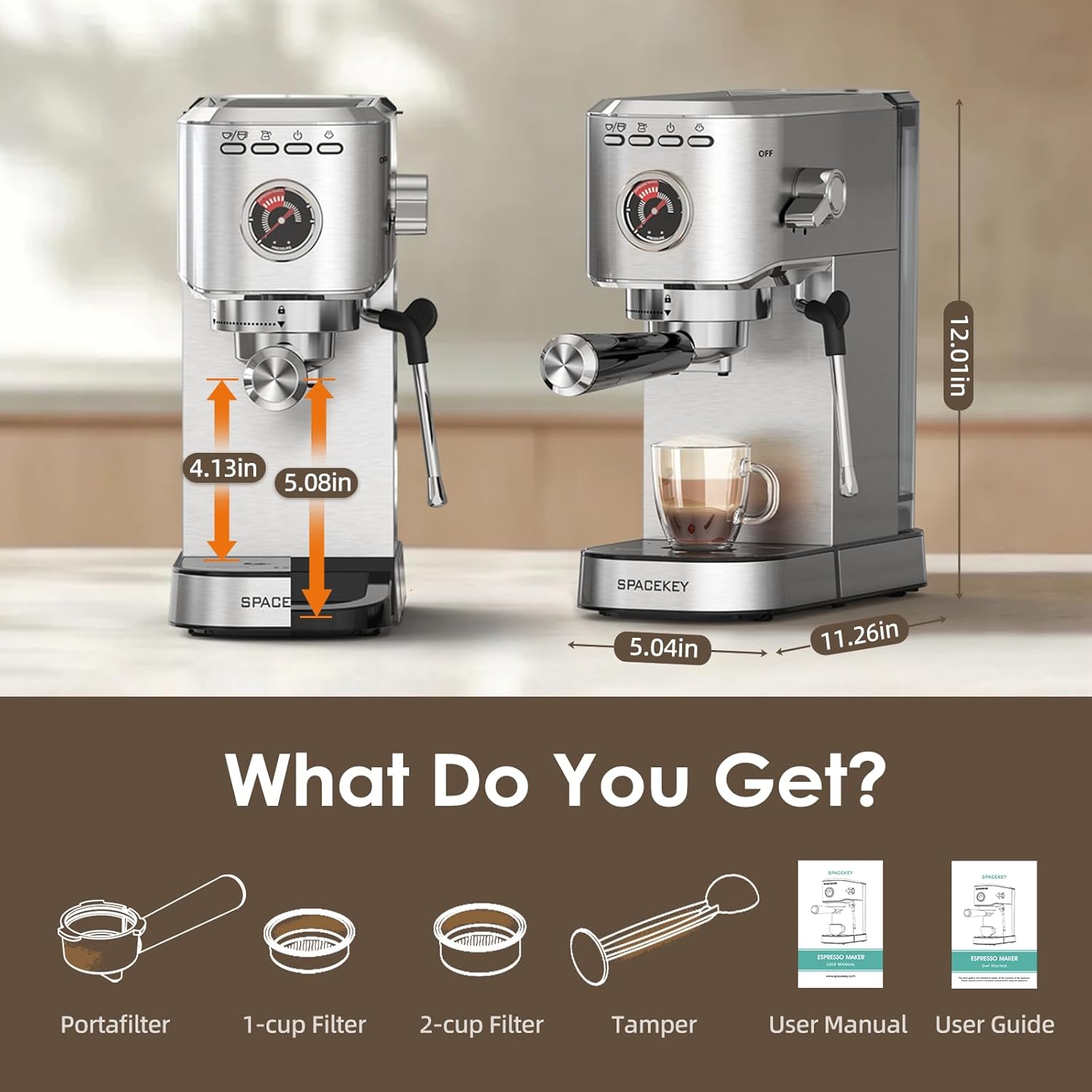 Spacekey Espresso Machine with Milk Frother, 20 Bar Compact Expresso Coffee Machines for Home