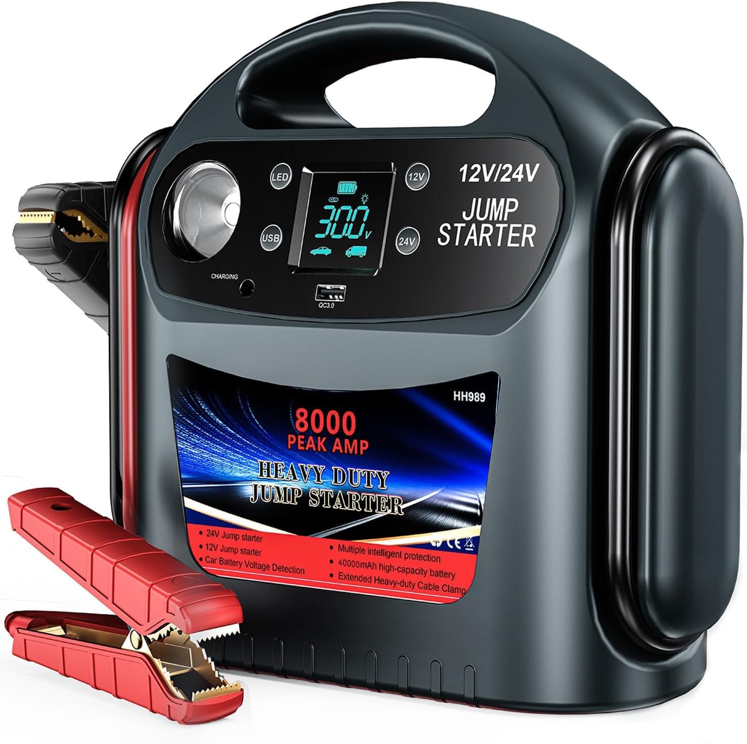 8000A Car Battery Jump Starter, Heavy Duty Jump Box for Gas & Diesel Vehicles, 12V/24V Portable Power Pack with LED Light for Trucks, SUVs