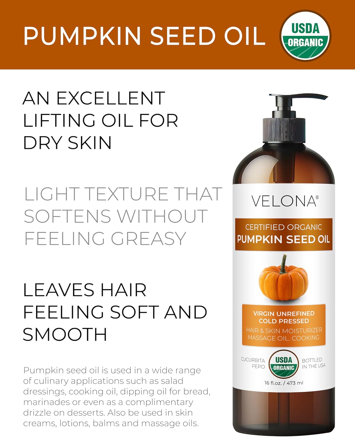 velona Pumpkin Seed Oil USDA Certified Organic - 16 Fl Oz | 100% Pure and Natural Carrier Oil | Unrefined, Cold Pressed | Cooking, Face, Hair