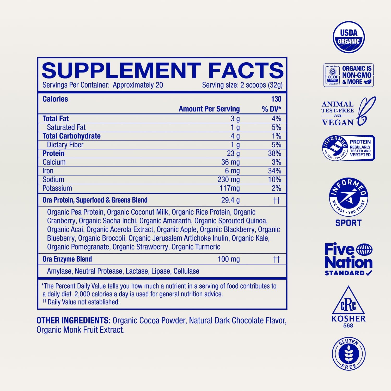 Ora Organic Plant-Based Protein Powder - 23g Protein for Women and Men - Vanilla Flavor 20 Servings, Vegan, Clean Protein, Third-Party Tested, Gluten-Free - 20 Servings