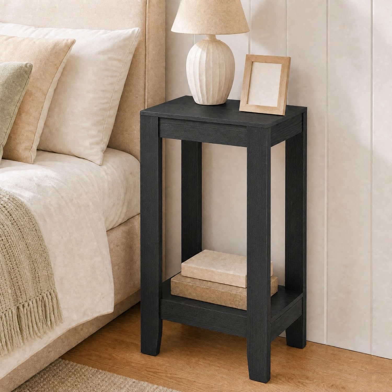 Giantex 2-Tier End Table Nightstand, Bedside Sofa Table for Living Room Bedroom, Narrow Telephone Table with Shelf and Legs for Small Spaces, Espresso