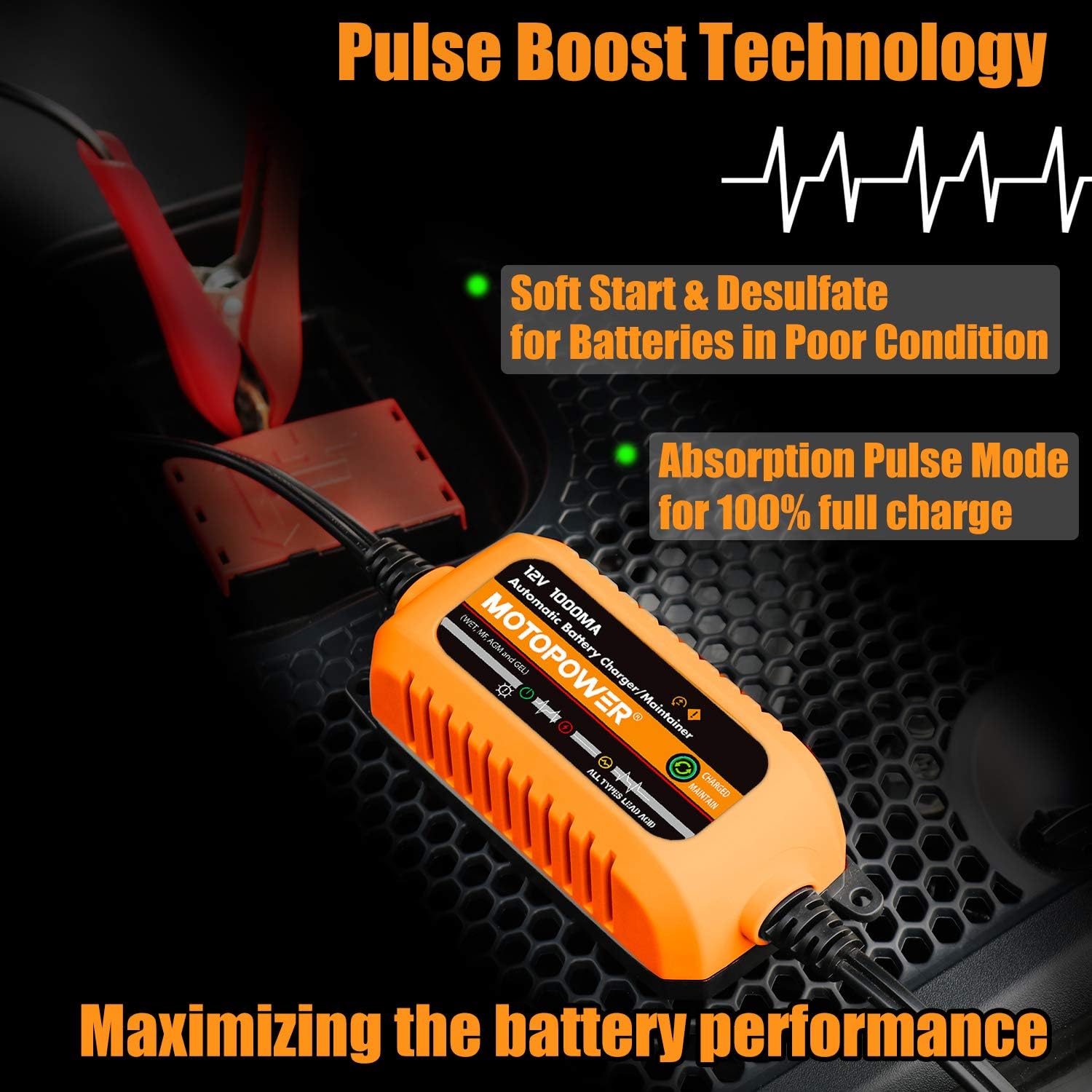 MOTOPOWER MP00205B 12V 1000mA Automatic Battery Charger, Battery Maintainer, Trickle Charger, and Battery Desulfator with Timer Protection - Grey