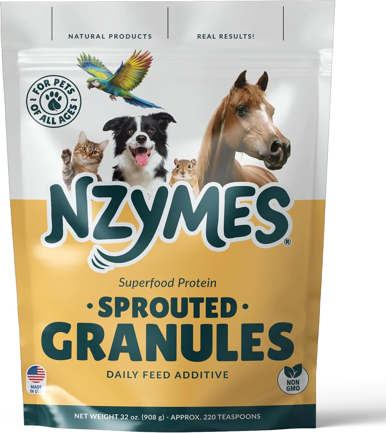 Nzymes® Sprouted Granules 2LBS for Dogs, Cats, Horses. Raw Super Food Protein and Antioxidant Nutrition. Cost Effective Food Supplement Dog Health Supplies. Supports Healthy Joints. 220 Servings. USA