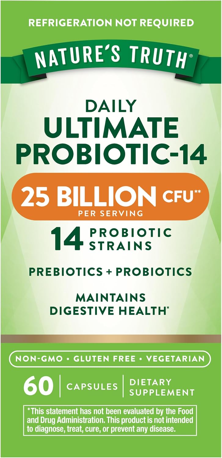 Nature's Truth Probiotics for Men and Women | 25 Billion CFU | 60 Capsules | 14 Strains | Non-GMO & Gluten Free Digestive Health Supplement | 14