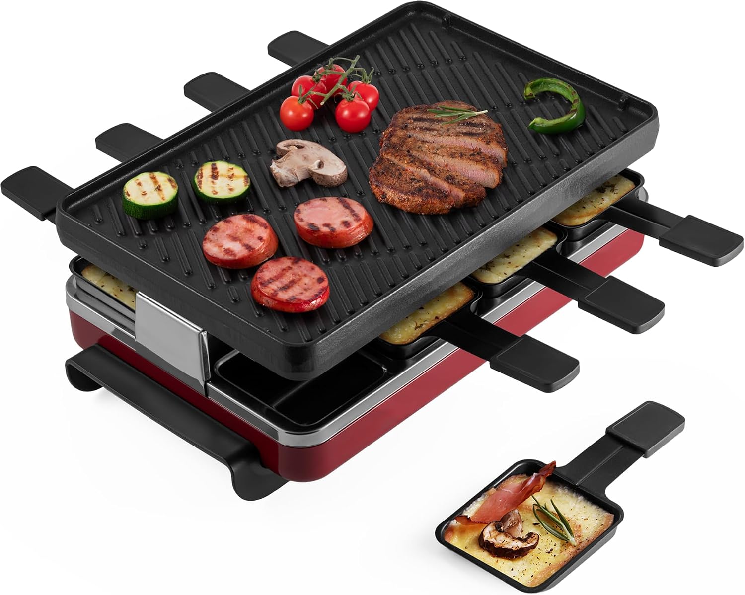 Swissmar Classic 8-Person Raclette Party Grill - Indoor Electric Grill & Griller with Reversible Cast Iron Grill Plate/Crepe Top - Anthracite Black