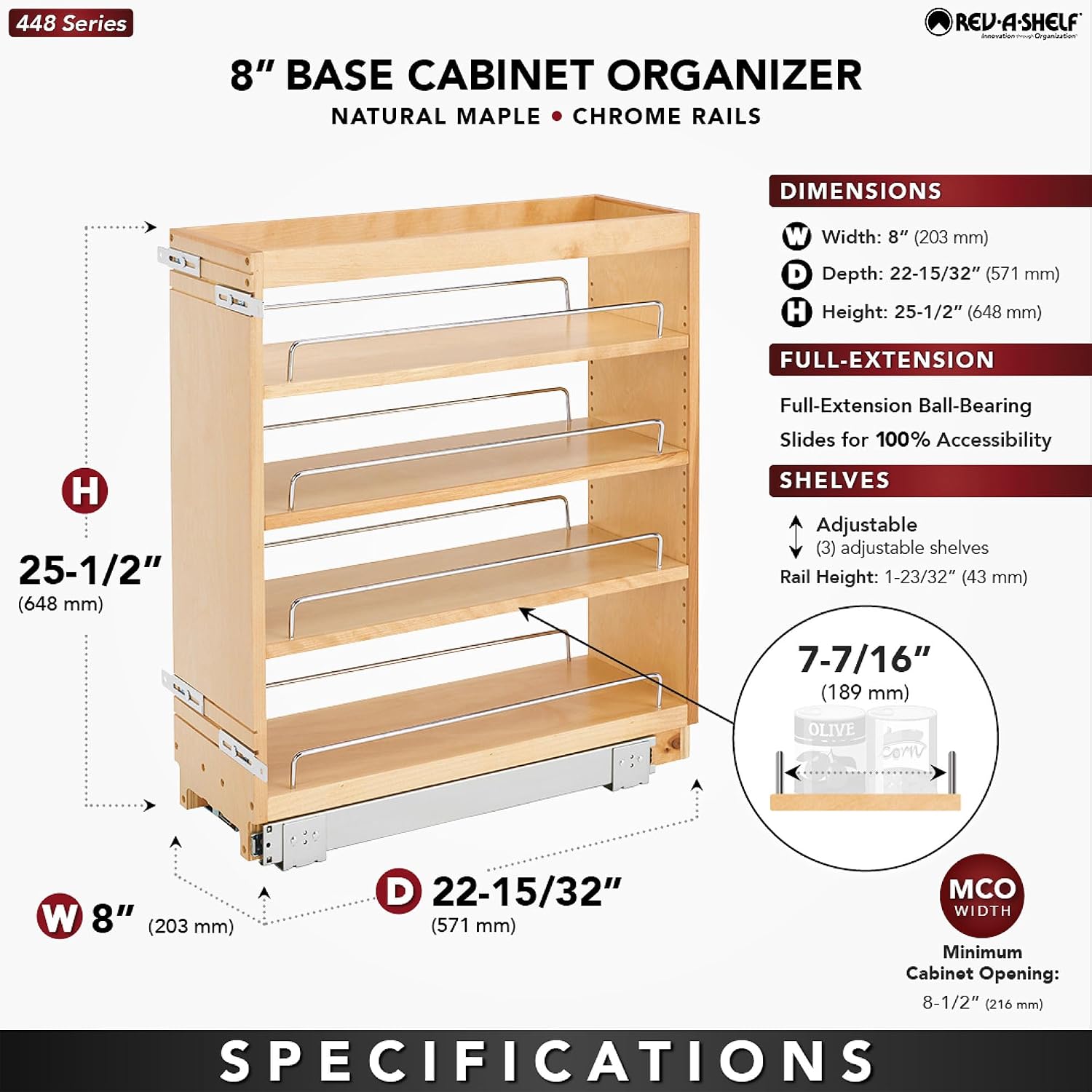 Rev-A-Shelf Pullout Kitchen Cabinet Organizer, Min Cabinet Opening 8.5" W | 8" W Slide Out Pantry Spice or Utensil Storage Rack with Adjustable Shelves for Base Cabinet Organization, 448-BC-8C