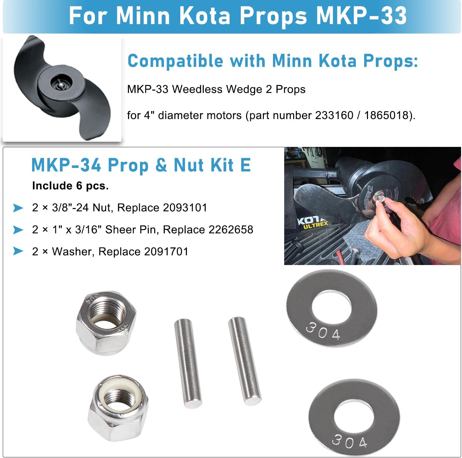 Prop Nut Kit E MKP-34 For Minn Kota Shear Pin Compatible with Minn Kota Trolling Motor MKP-33 Weedless Wedge 2 Props Including Prop Nuts & Washers