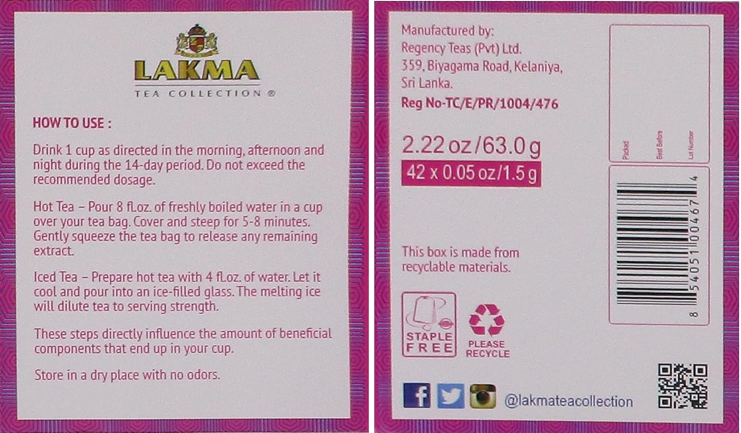 HYLEYS Lakma 14 Day Weight Loss Kit Green Tea - 42 Tea Bags