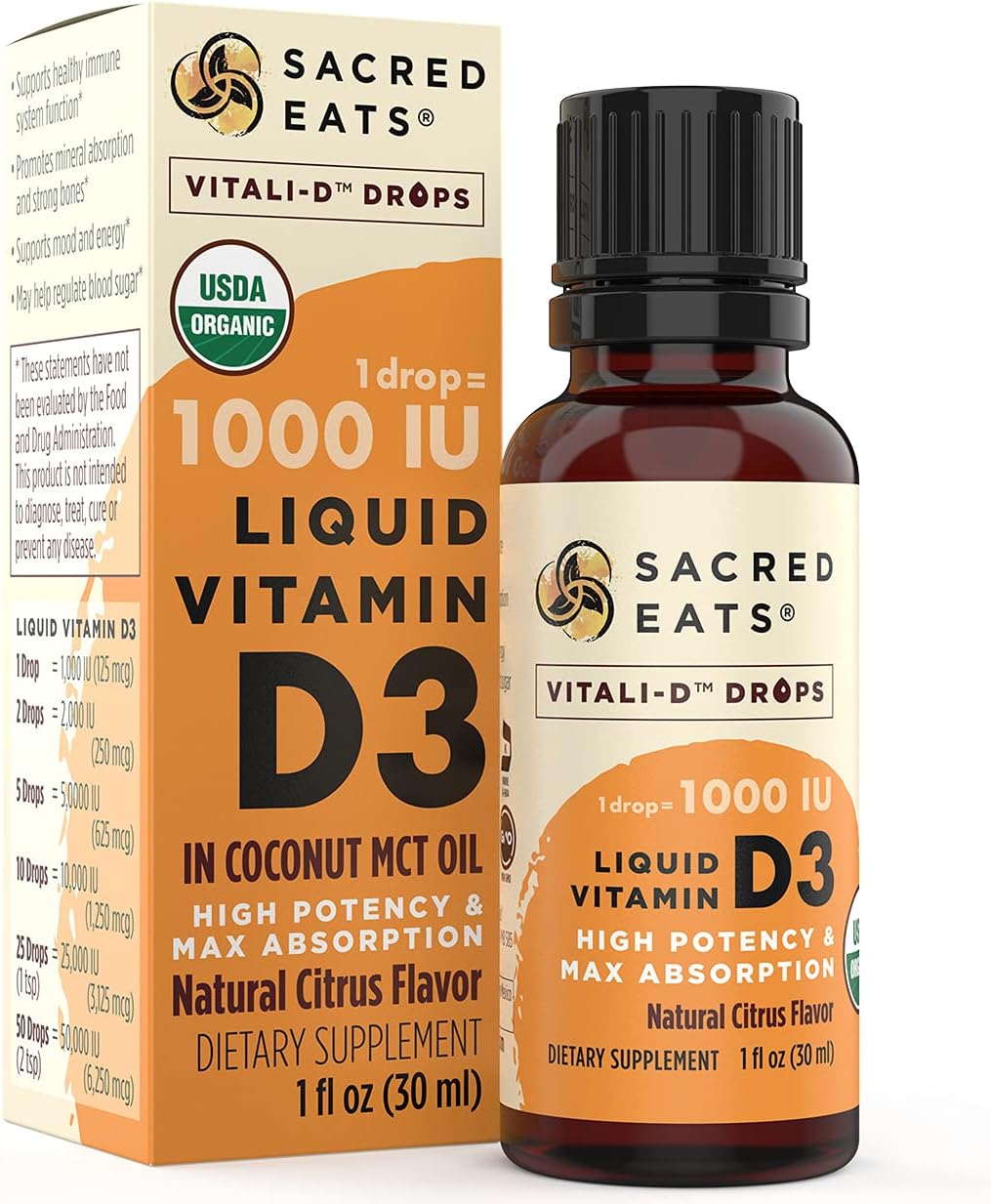 Organic Liquid Vitamin D Drops for Kids & Adults, Sugar Free. Easy to Use 1, 000 IU/Drop in Coconut MCT Oil. Lasts Months