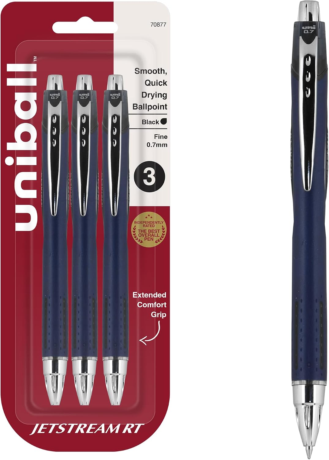 uniball™ Jetstream RT Ballpoint Pens, Black Ink, 0.7mm Fine Point, 3 Count | Retractable, Smooth Writing, Quick-Drying, Smear-Resistant, uni Super Ink™