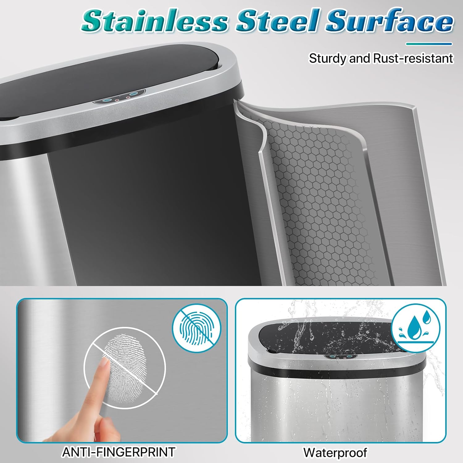 Dkeli 13 Gallon Automatic Motion Sensor Trash Can, Stainless Steel Touchless Kitchen Trash Can with Lid, 50L High-Capacity Office Bathroom Bedroom Garbage Bin