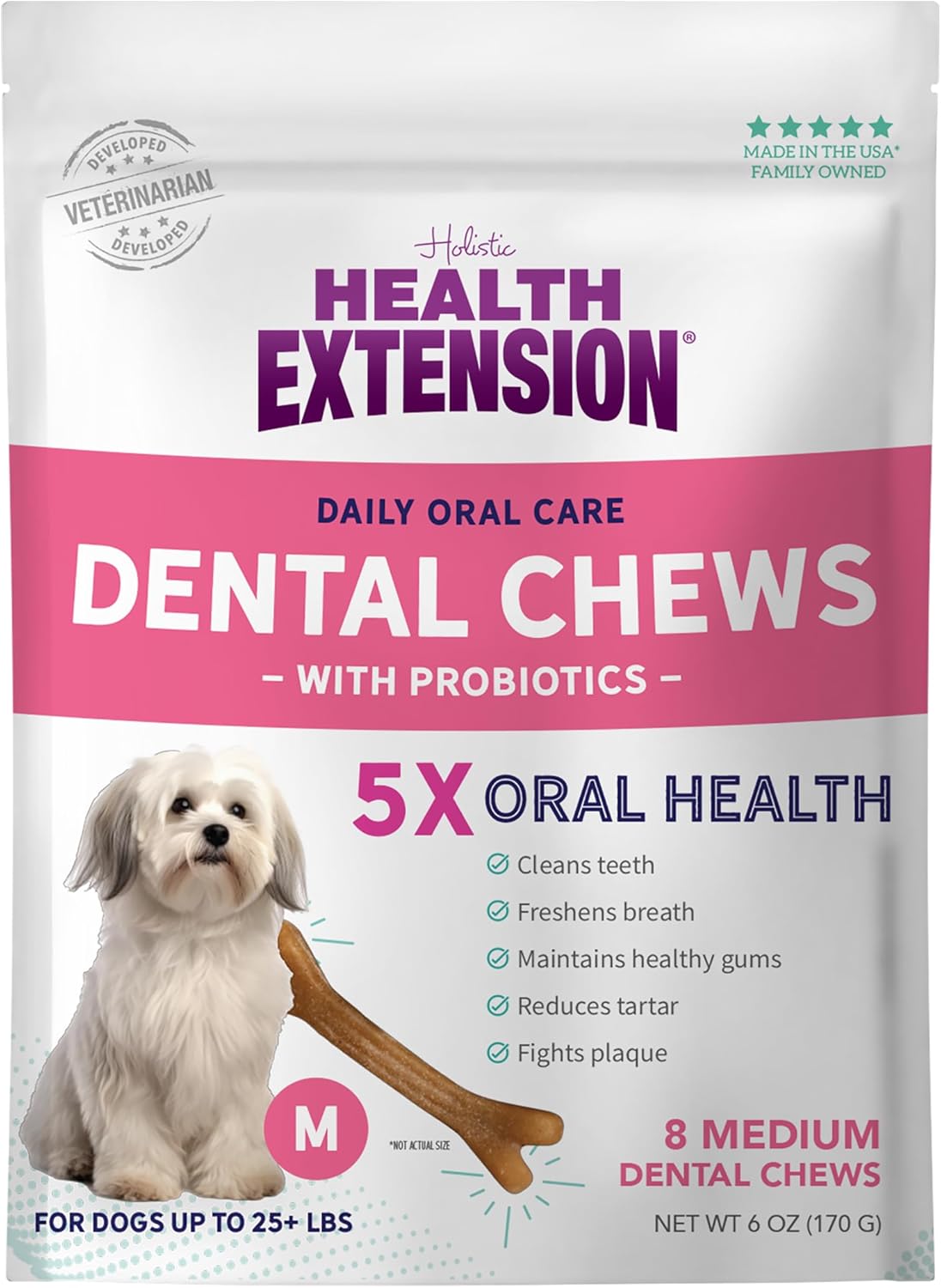 Health Extension Probiotic Dental Bones for Dogs, 14 Small Bones, Cleans Teeth, Healthy Gums, Freshens Breath, Training or Reward, 6 oz Bag (Pack of 1)