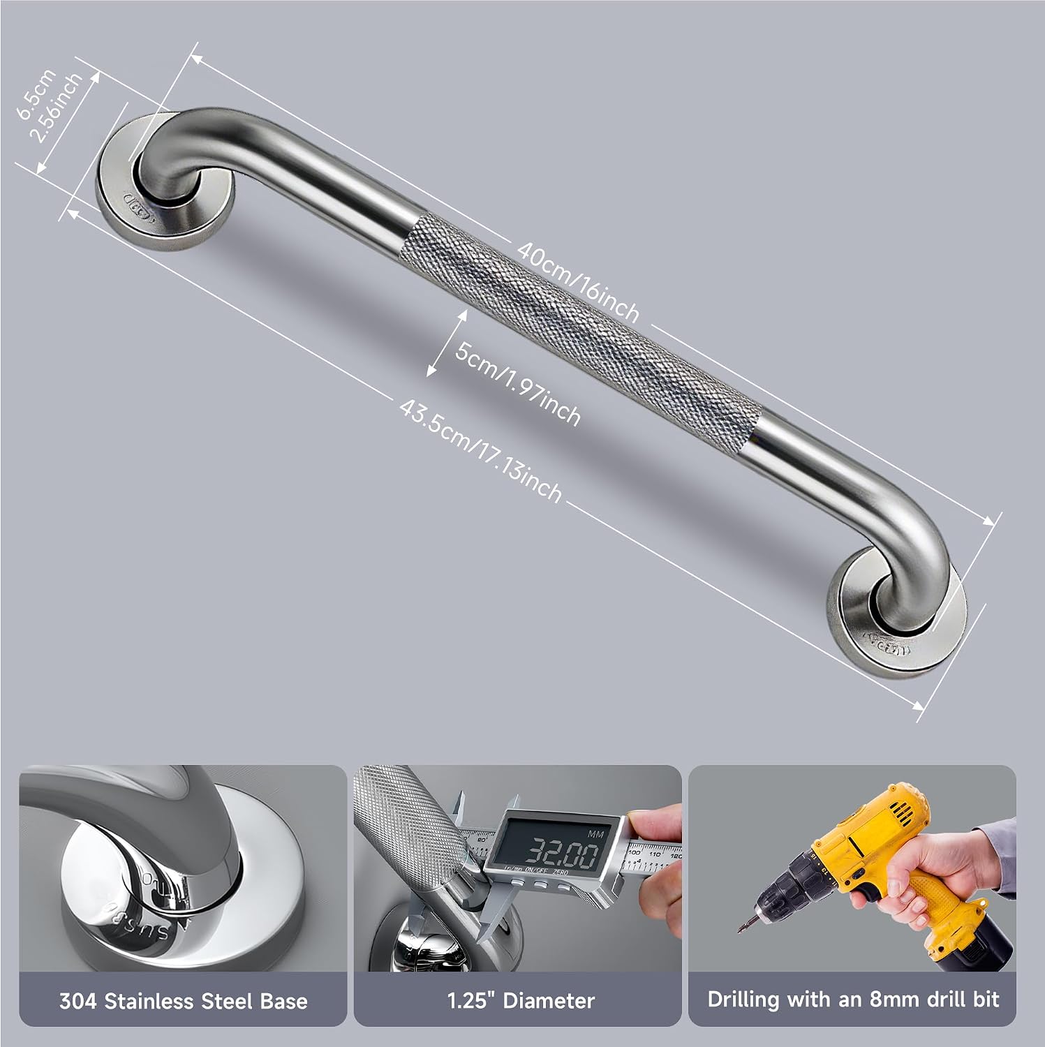 12 Inch Shower Grab Bar 1.25" Dia,Brushed Nickel Anti Slip Bathroom Grab Bar, 304 Stainless Steel Knurled Handicap Grab Bars, Safety Support Handrail,Bath Shower Handle for Elderly Injury Senior