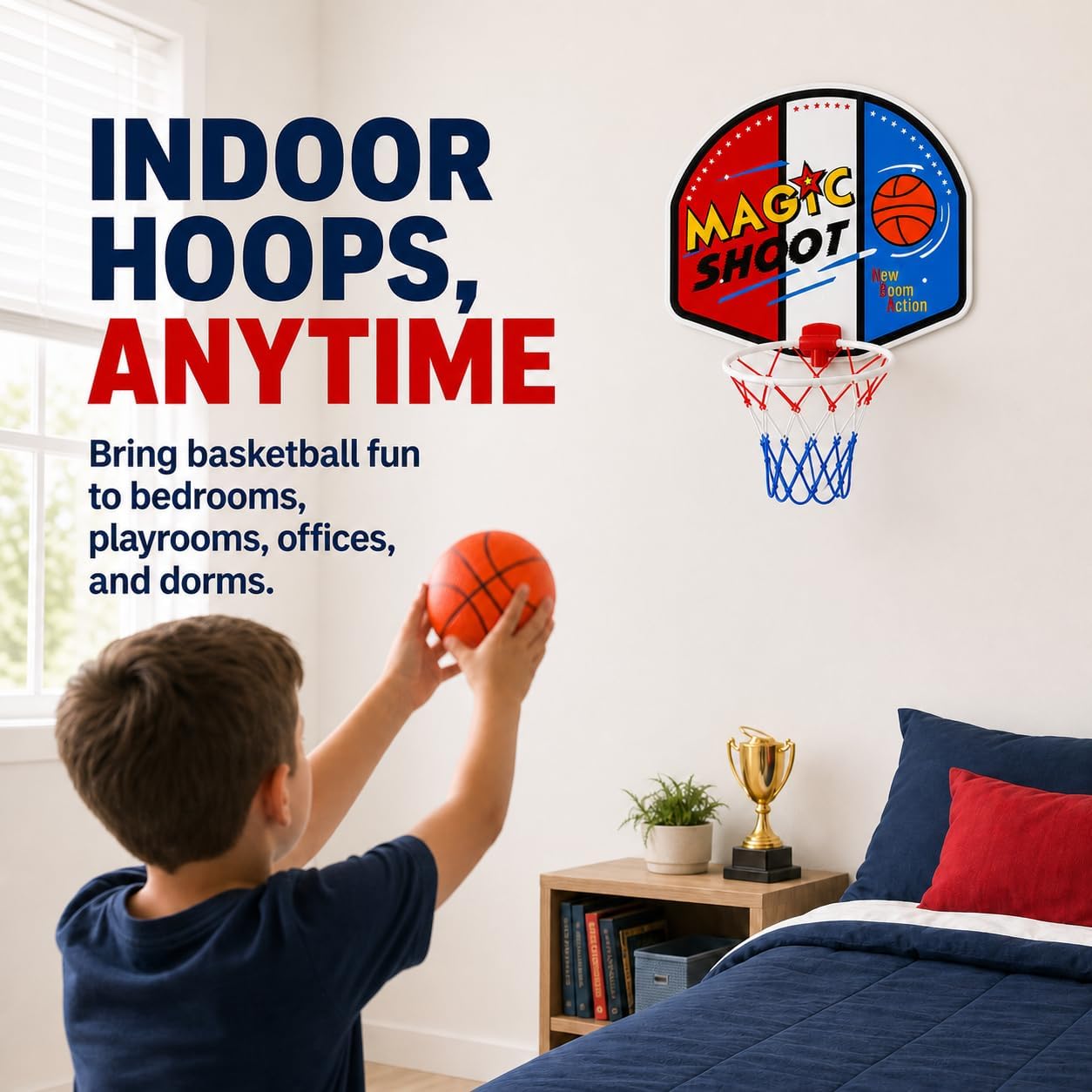 Indoor Mini Basketball Hoop Set, 16 x 13 in Backboard, Ball and Manual Pump | Over The Door Basketball Hoop With 9-Inch White Rim, 4.5-Inch Ball