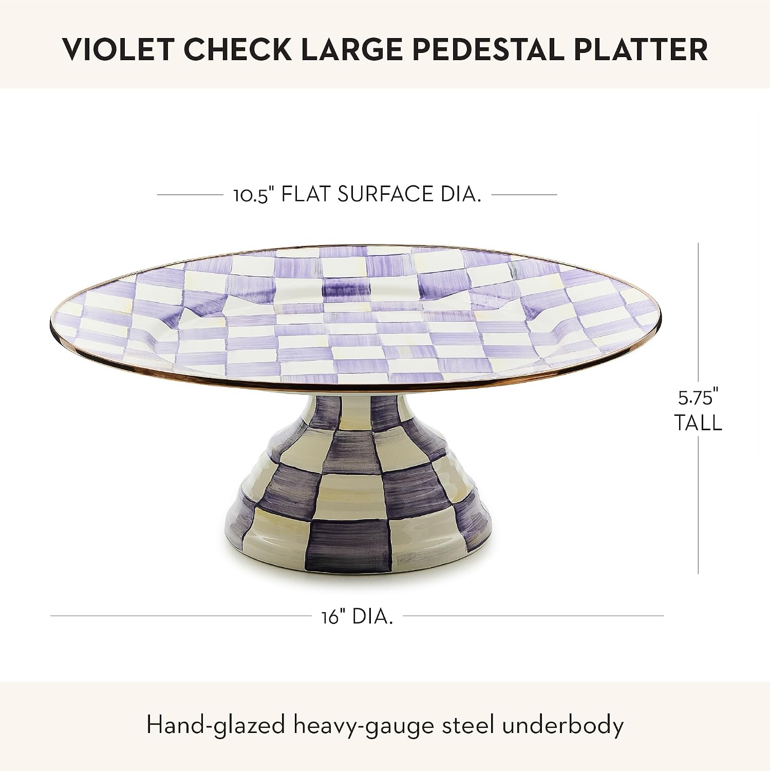 MACKENZIE-CHILDS Pedestal Platter, Mini, Black-and-White Courtly Check | Hand-painted design, made from enameled steel, stackable round cake stand for serving desserts, 8" dia. x 3" H