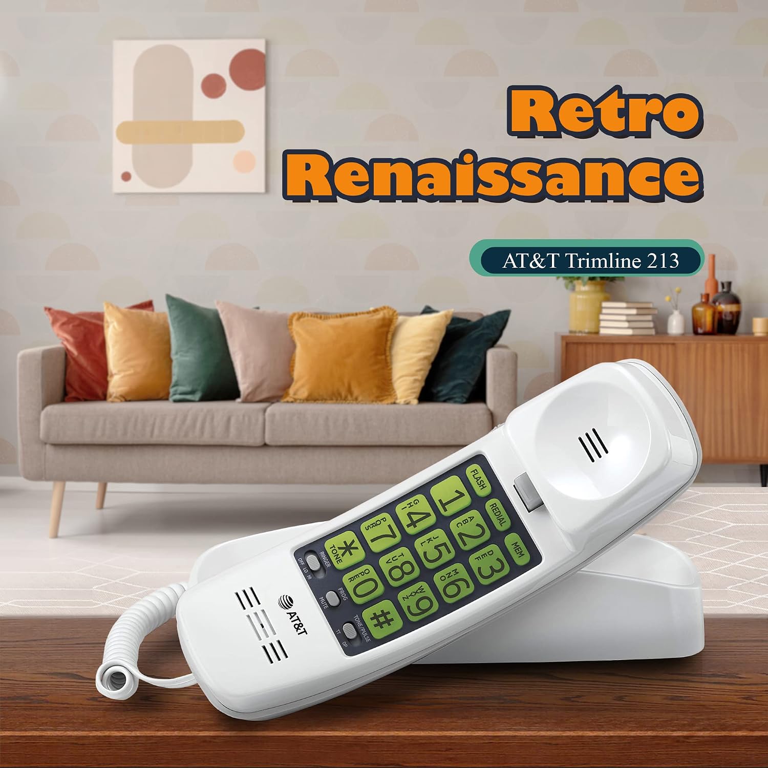 AT&T Trimline Corded Phone, No AC Power Needed, Extra Large Buttons, Visual Ringer, Lighted Keypad, 10-Number Speed Dial, Wall Mountable, White | 213