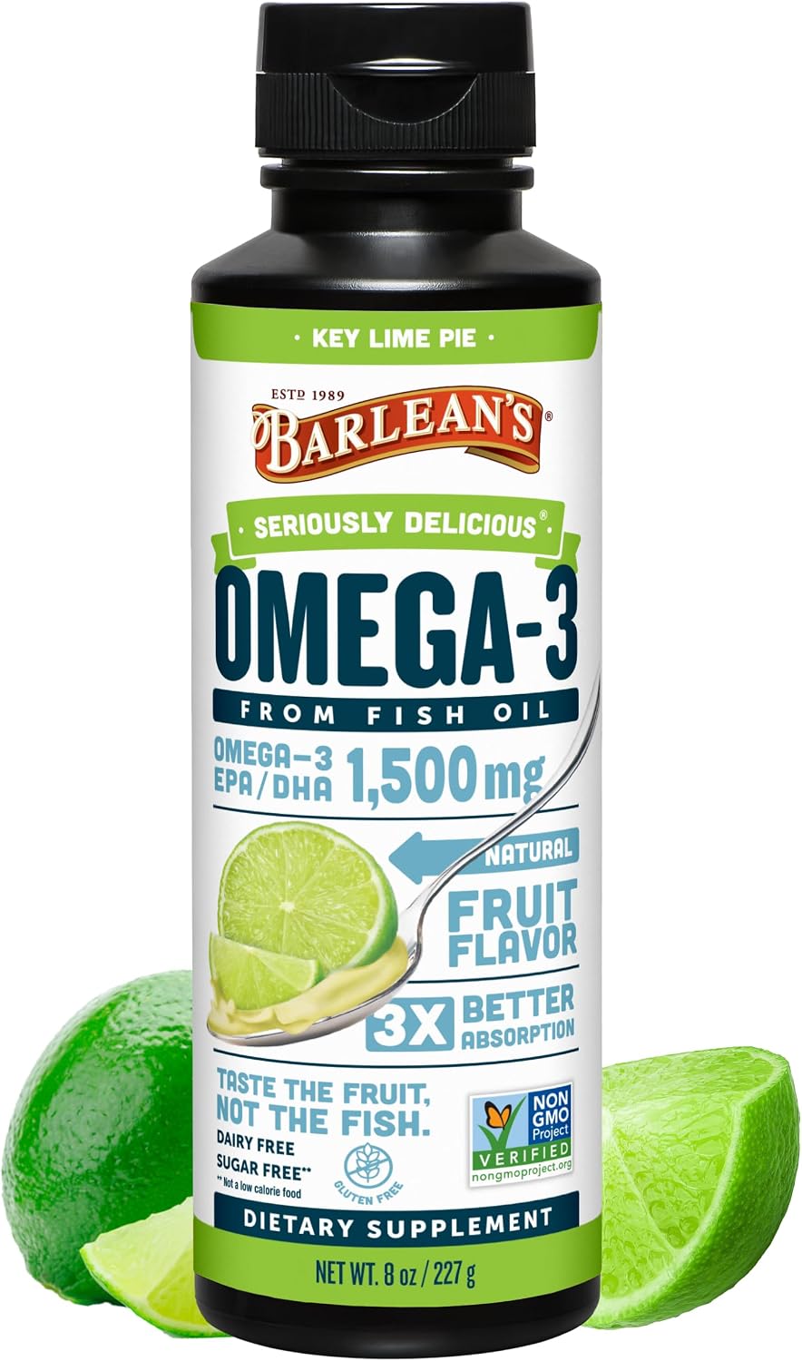 Barlean's Mango Peach Omega-3 Fish Oil, Vitamin D, 1080mg EPA & DHA, 8oz | Wild-caught fish oil plus vitamin D, EPA DHA omega-3, Burpless, Non-GMO, Gluten-free, Heart, brain, bone & immune