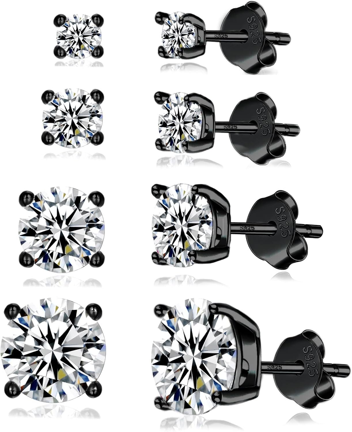 925 Sterling Silver Stud earrings Set | White Gold Plated Hypoallergenic Stud Earrings | Cubic Zirconia Stud Earrings for Women (2mm, 3mm, 4mm, 5mm