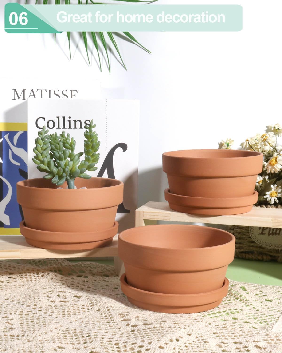 vensovo 3.7 Inch Terracotta Shallow Succulent Pots with Saucers, 6 Pack