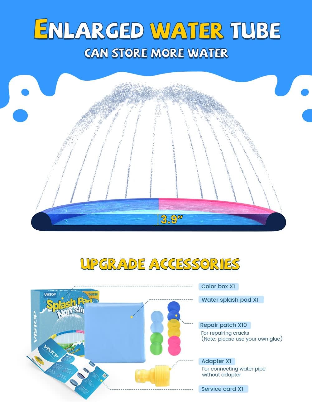 VISTOP 67" Non-Slip Splash Pad for Kids and Dogs, Thickened Sprinkler Pool for Toddlers, Outdoor Backyard Water Toys, Fun Fountain Play Mat for Babies
