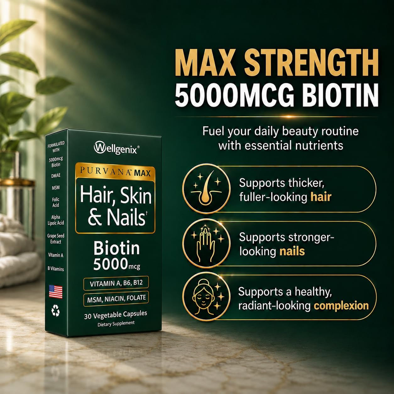 Wellgenix Purvana MAX Hair Skin and Nails Supplement – 5000mcg Biotin with MSM & B-Complex – Support for Thicker Hair, Stronger Nails & Glowing Skin – 30 Veggie Capsules | Biotin, MSM & hyaluronic acid in vegetable capsules for thicker, fuller hair, stro…