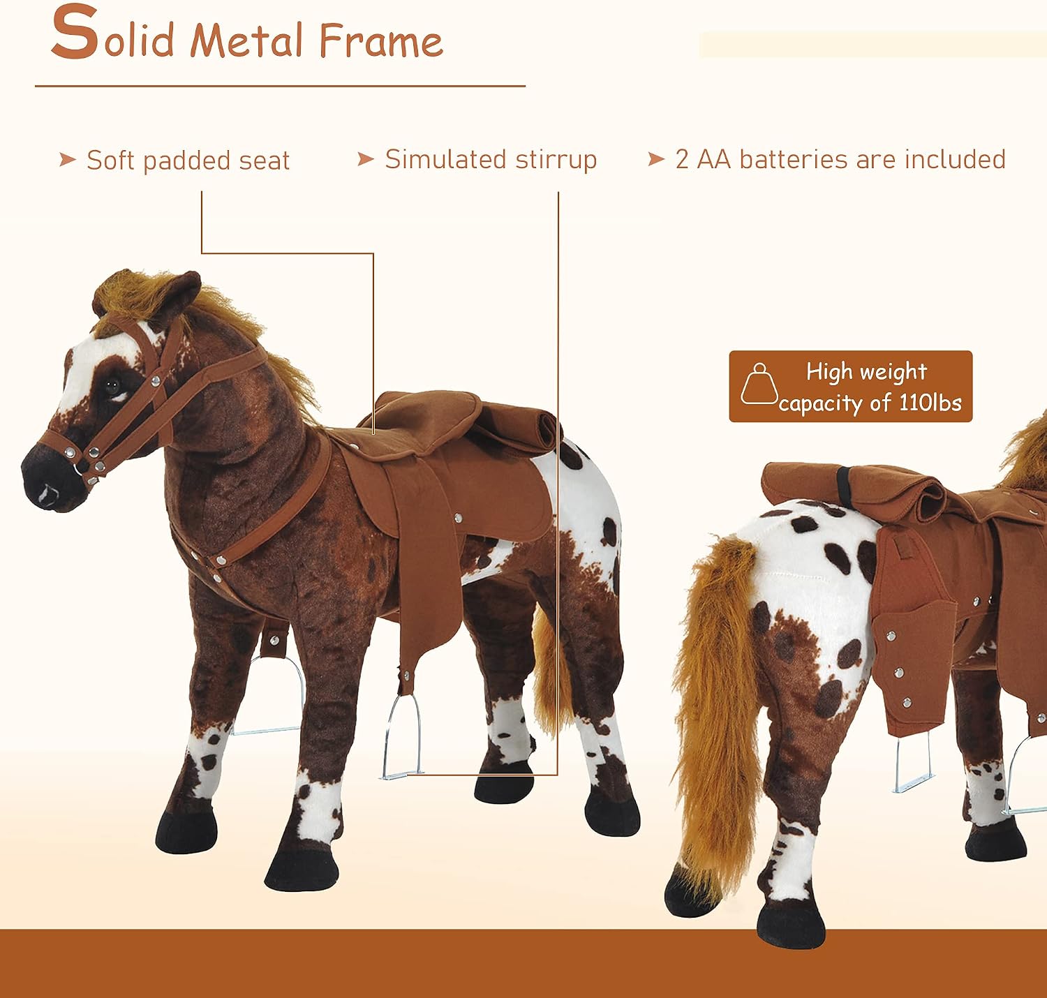Qaba Sound-Making Ride On Horse for Toddlers 3-5 with Padding Brown | Neighing and Galloping Sound, Stuffed Animal Horse Toy for Kids, Soft Feel