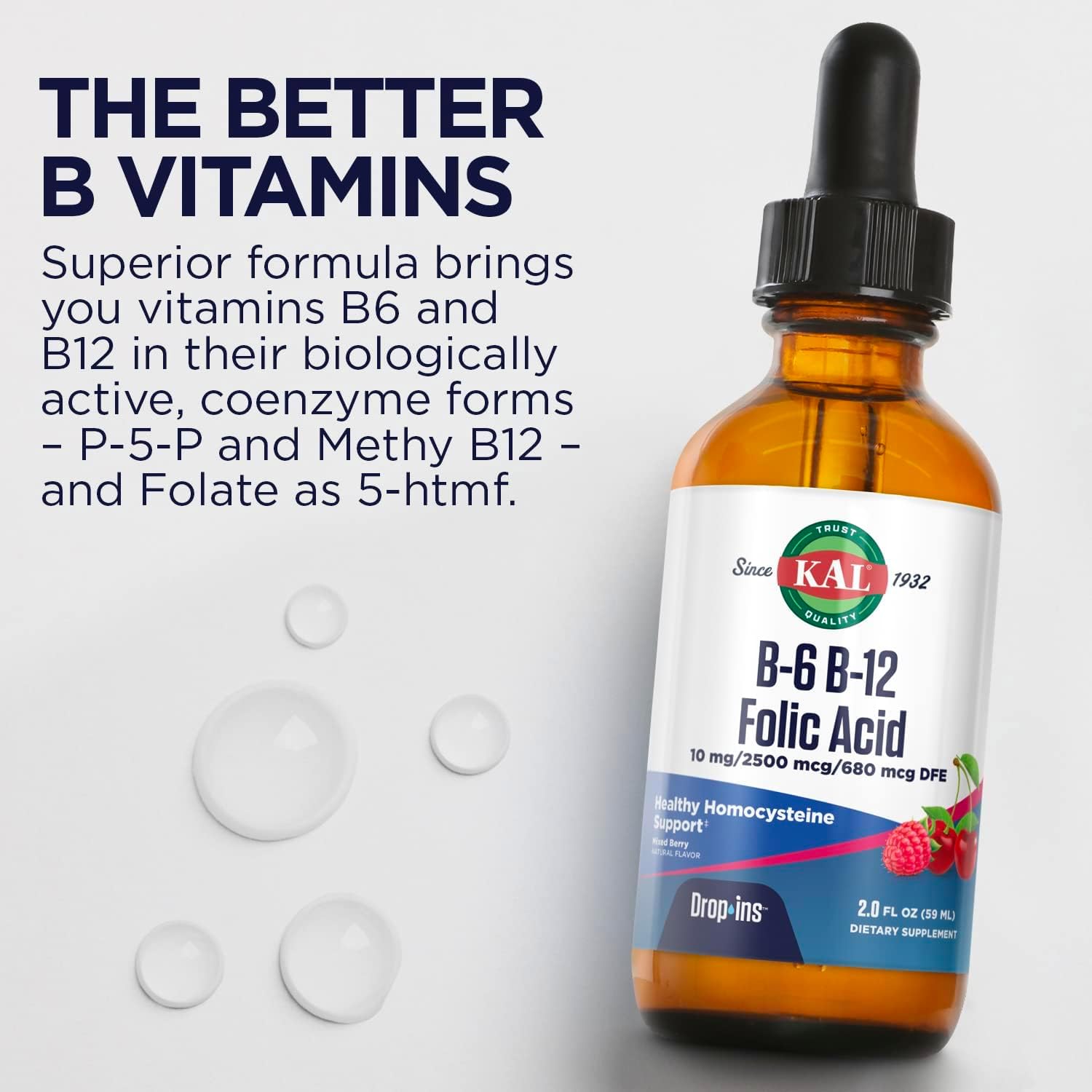 KAL Vitamin B-6 B-12 Folic Acid DropIns, Liquid Vitamin B Supplement Drops, Heart Health, Energy, Red Blood Cell Support with Methyl B12 and Methyl Folate, Natural Mixed Berry Flavor, 59 Servings, 2oz | Cardiovascular, Energy & Nerve Support - Active P-5…
