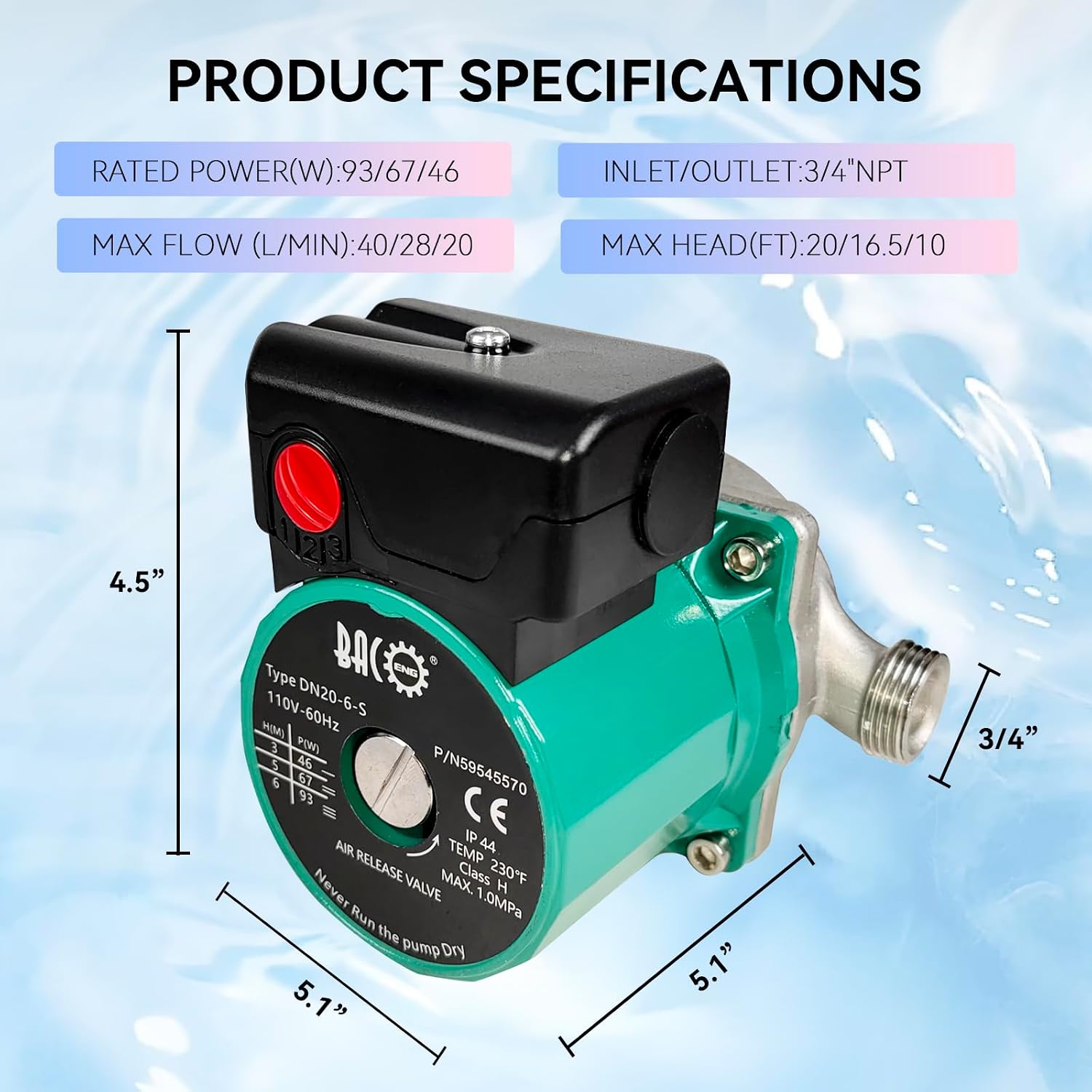BACOENG Hot Water Recirculating Pump, Stainless Steel Head, Circulation Pump NPT 3/4", 3-Speed Control, Circulating Pump for Water Heater System
