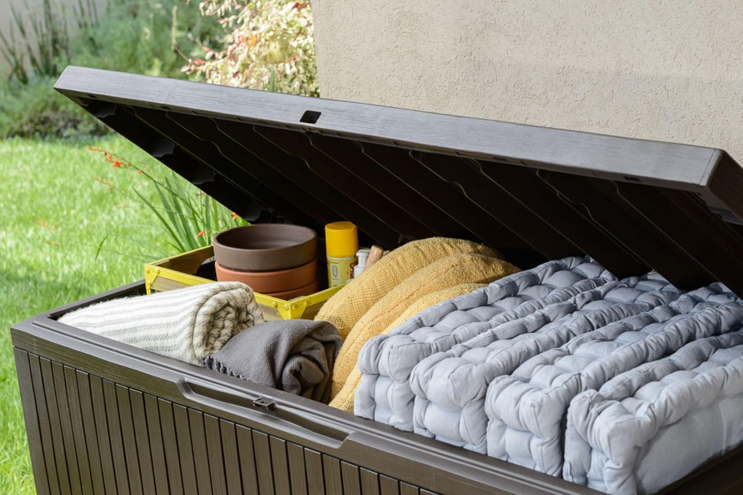 Keter Springwood 80 Gallon Resin Outdoor Storage Box for Patio Furniture Cushions, Pool Toys, and Garden Tools with Handles, Brown