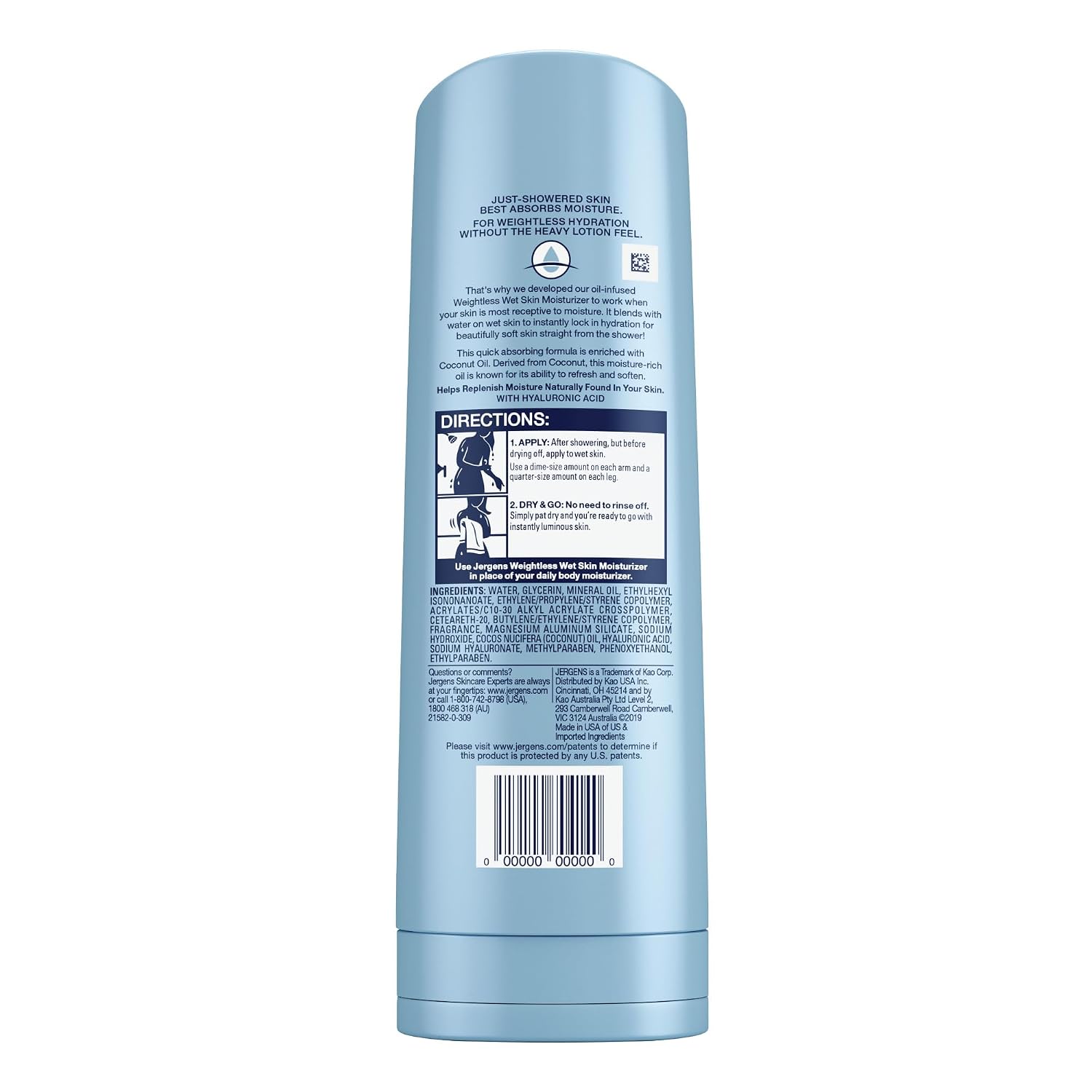 Jergens Wet Skin Body Lotion with Coconut Oil, In Shower Lotion for Dry Skin, Fast-Absorbing, Non-Sticky, Dermatologist Tested, 10 Ounce