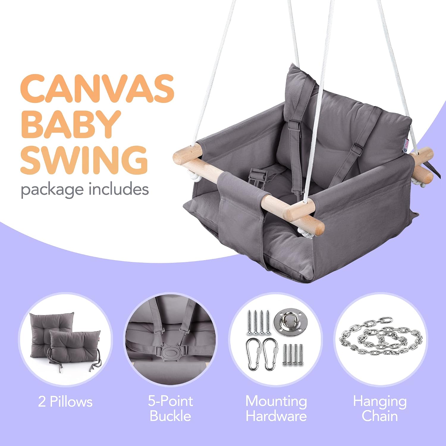 CaTeam Canvas Baby Swing Seat with 5-Point Safety Belt — Wooden Hanging Toddler Swing, Indoor & Outdoor, Ages 1-4, Ceiling Mount Hardware Included