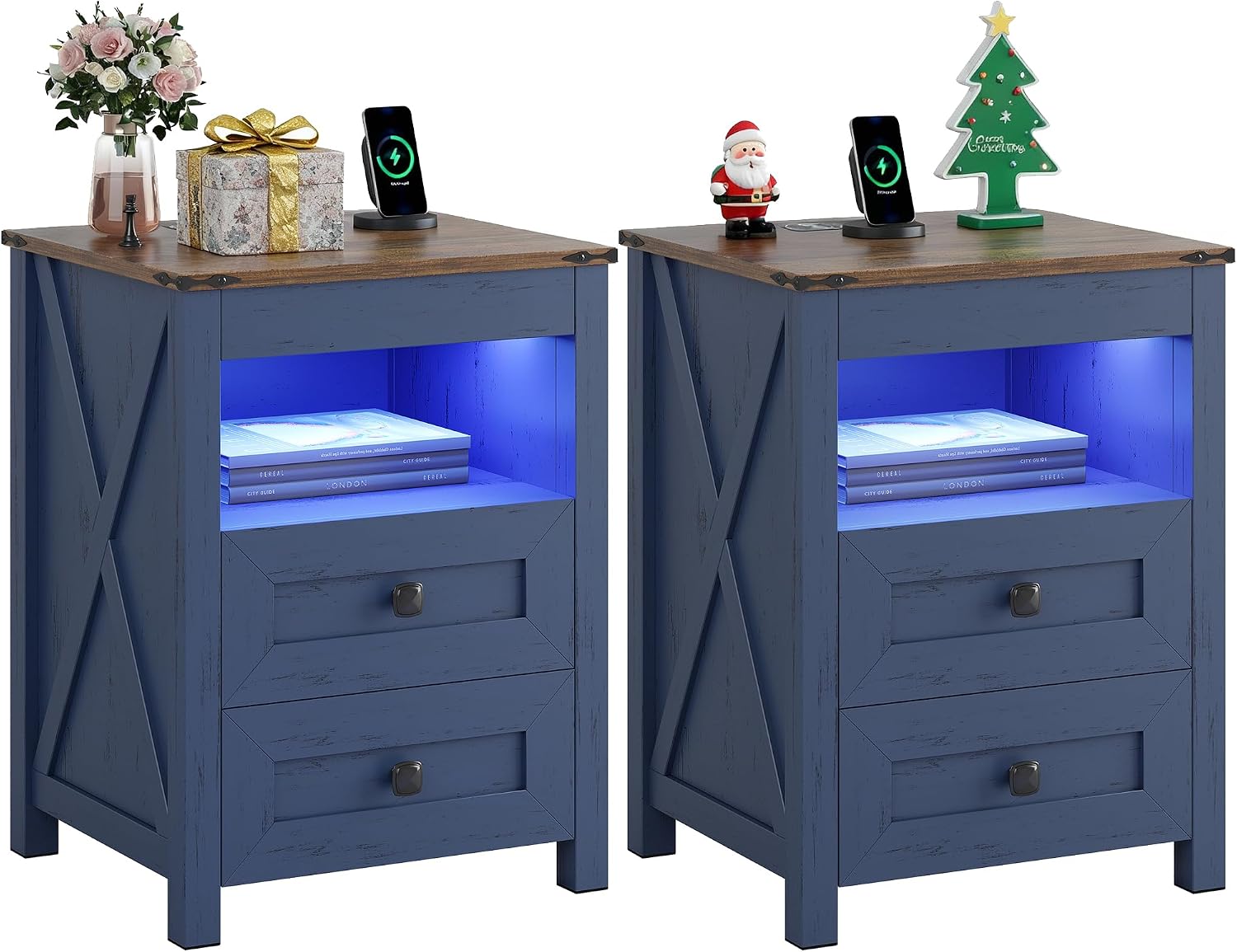 Farmhouse LED Nightstand with Gun Drawer&Invisible Lock,Modern Bedside Table with Human Sensor Design,Rustic Side Table with Wireless Charging for Living Room, Dark Oak