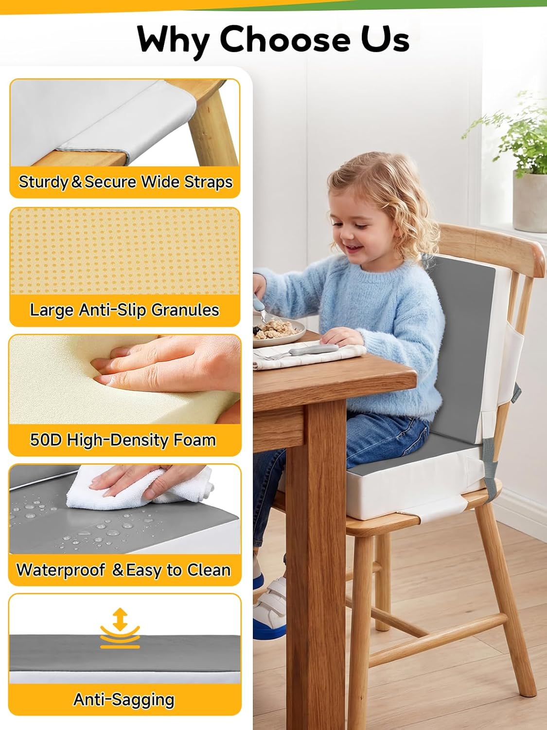 Booster Seat for Kitchen Chair - Toddler Booster Seat for Dining Table - PU Washable Double-Safety Straps with Buckle