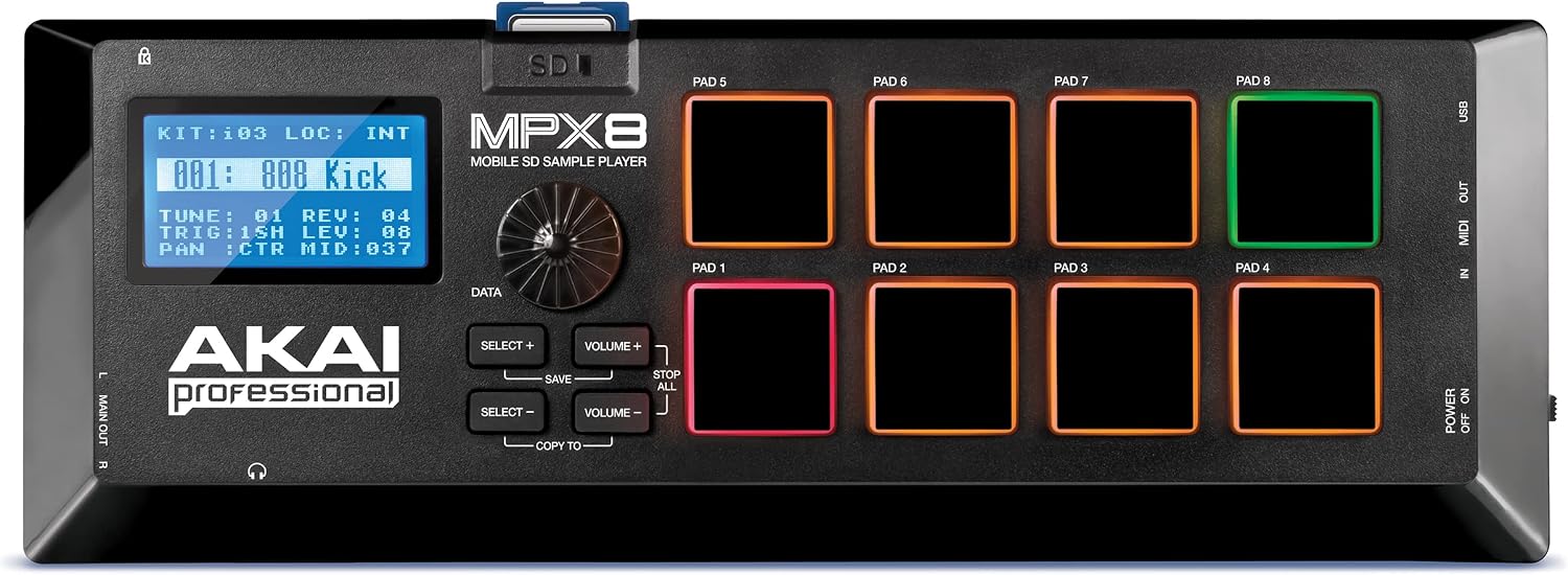 Akai Professional MPX8 USB MIDI Sample Pad Controller | 8 Velocity-Sensitive Pads, MIDI Connectivity, SD Card Slot, for Sampling and Beat Making