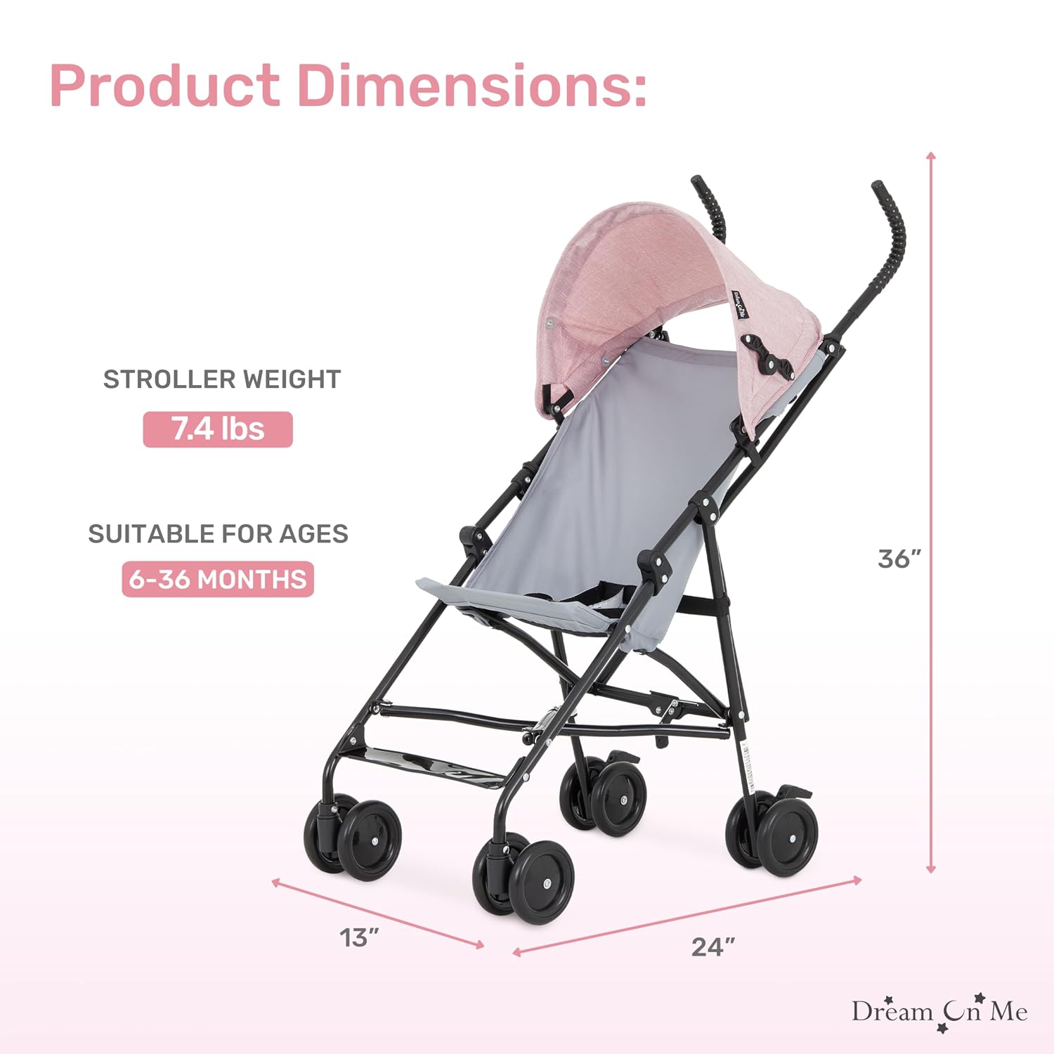Dream On Me Aero Travel Umbrella Stroller, 1-Hand Fold, Lightweight, Black | 3 Point Safety Harness, Dual Brakes, Adjustable Removable Canopy, Sturdy Steel Frame, Compact, For Toddlers 6-36 months
