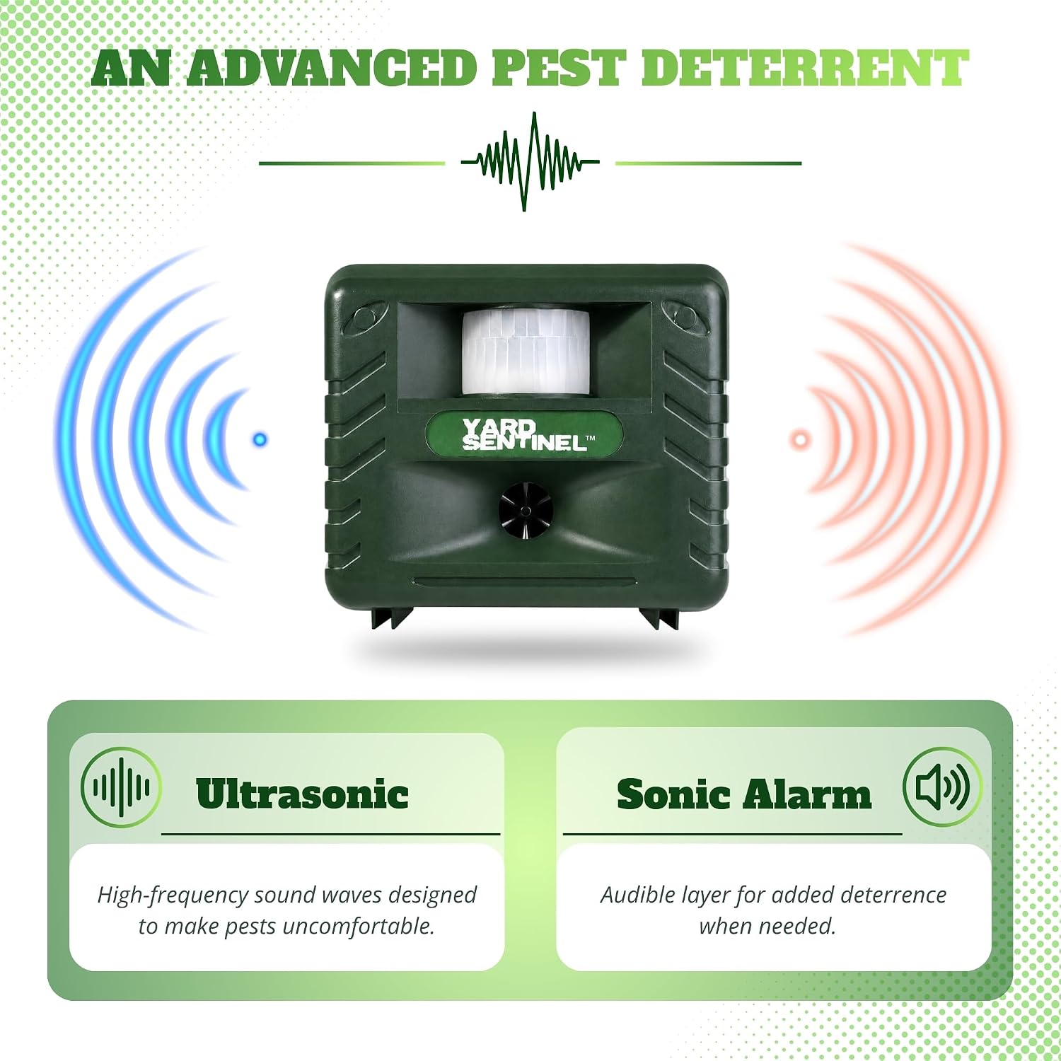 ASPECTEK Yard Sentinel Ultrasonic Animal Repeller with Strobe Light, 3 Mode Protection, Motion Sensor, Deterrent for Deer, Raccoons, Squirrels and Opossums AC and Battery Powered - 1 Pack