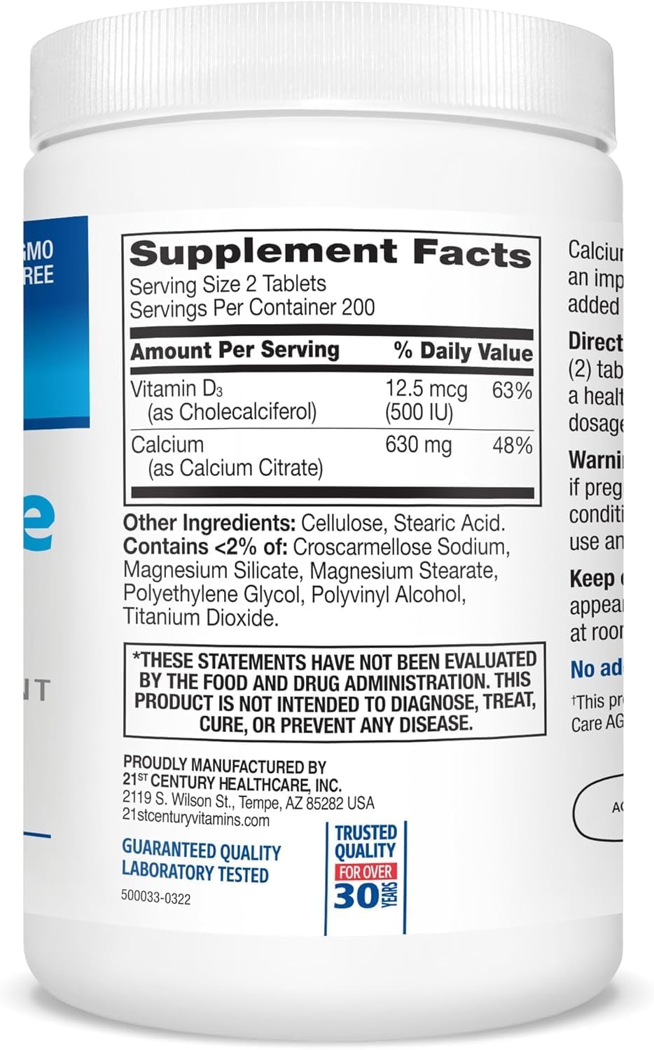 21st Century Calcium Citrate Plus D3 Maximum - 630 mg Calcium, Bone Health Support, Easily Absorbable, Gluten Free, Non-GMO, Compare to Citracal +D3, 400 Tablets