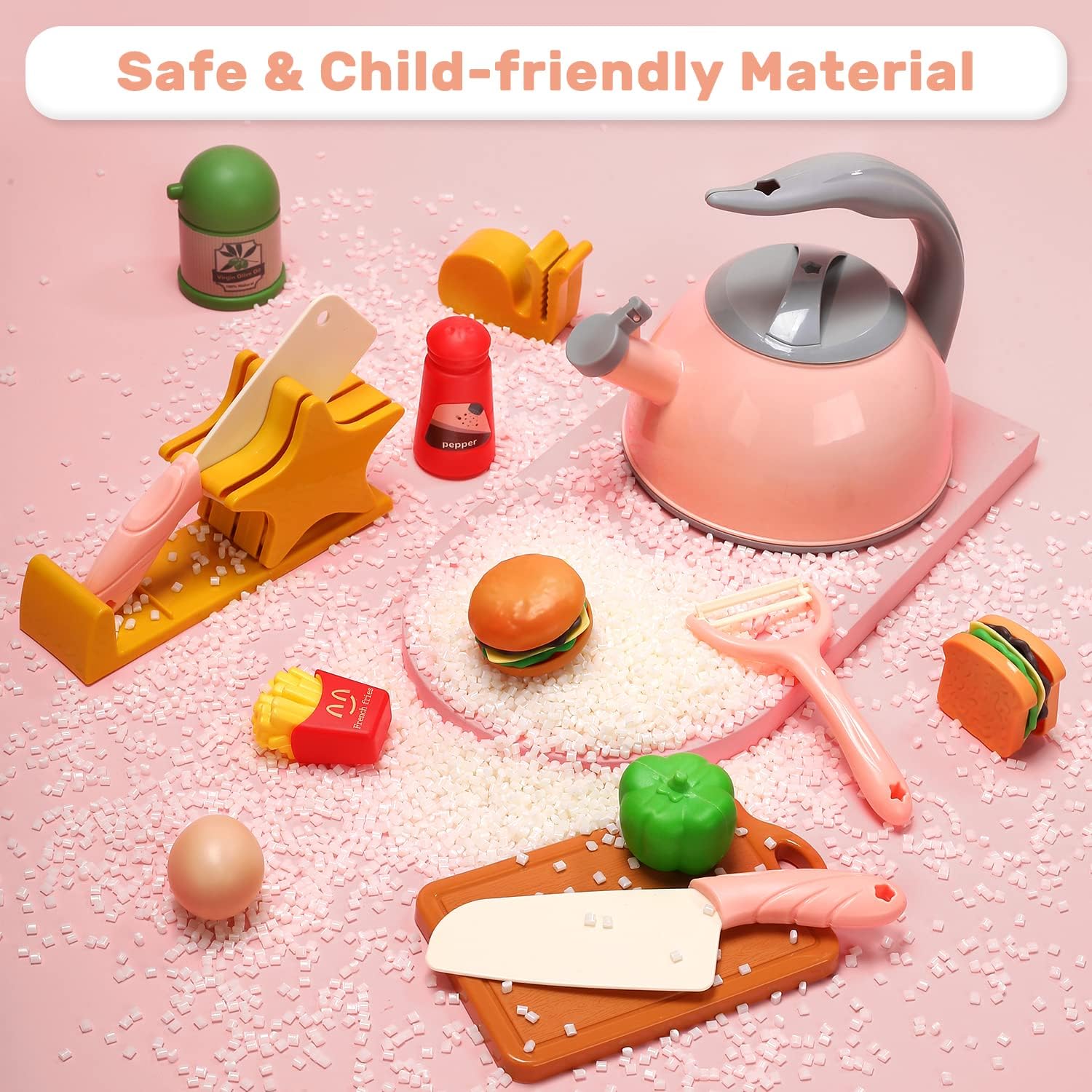 CUTE STONE Pretend Play Kitchen Toy with Cookware Steam Pressure Pot and Electronic Induction Cooktop, Cooking Utensils, Toy Cutlery, Cut Play Food