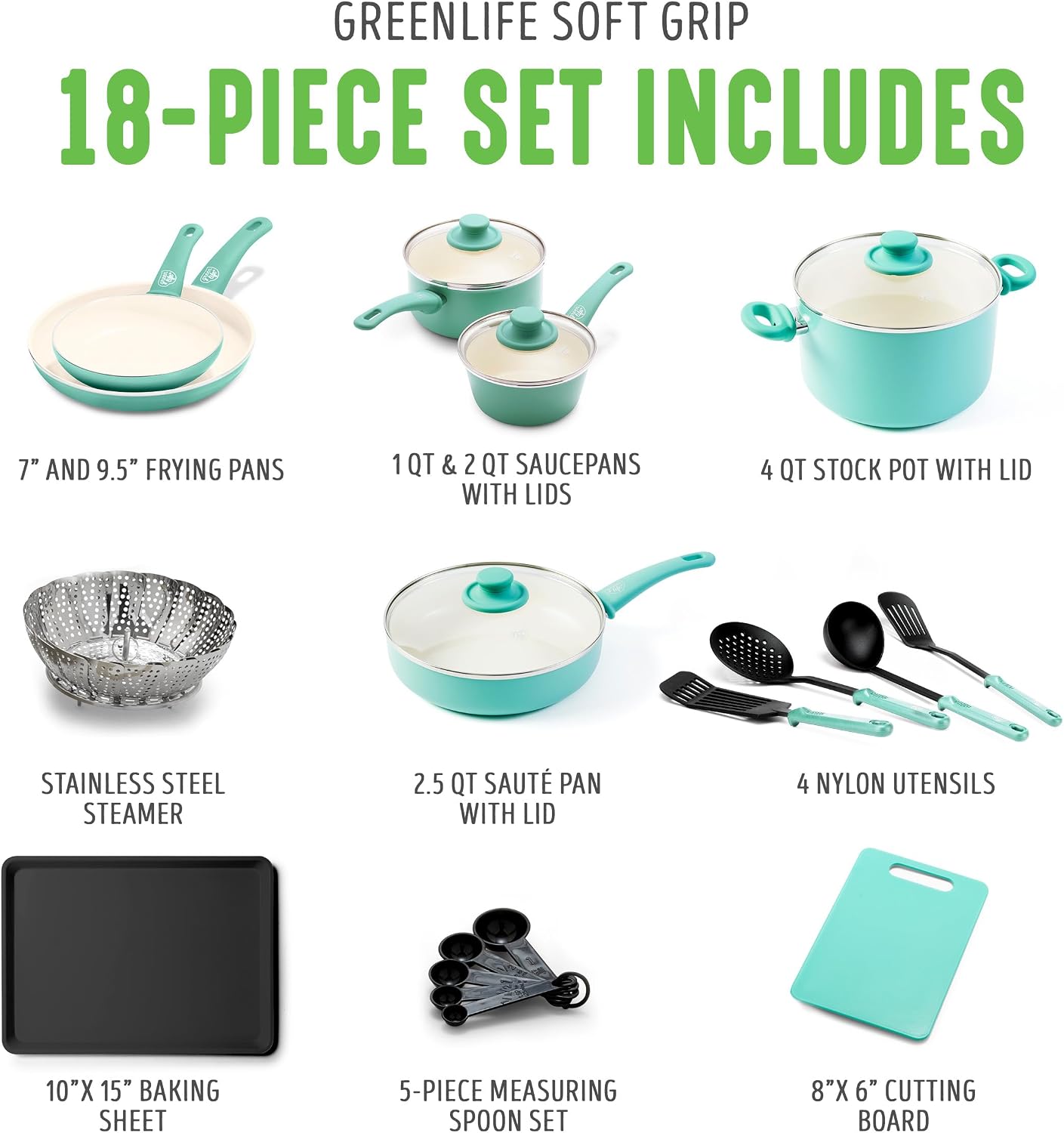 GreenLife Soft Grip Healthy Ceramic Nonstick, 15 Piece Cookware Pots and Pans Set, Induction, PFAS-Free, Dishwasher Safe, Turquoise