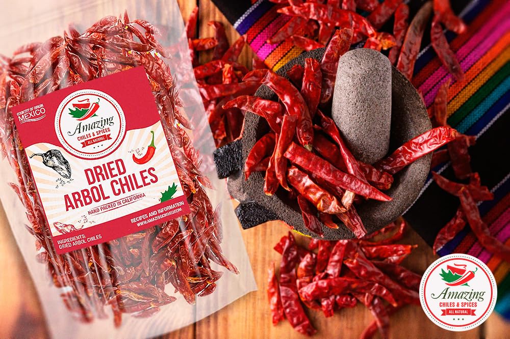 Chile De Arbol 4oz - Dried Whole Red Chili Peppers, Premium All Natural Stemless, Resealable Bag. Use in Mexican, Chinese and Thai Dishes. Spicy Hot Heat Full of Flavor