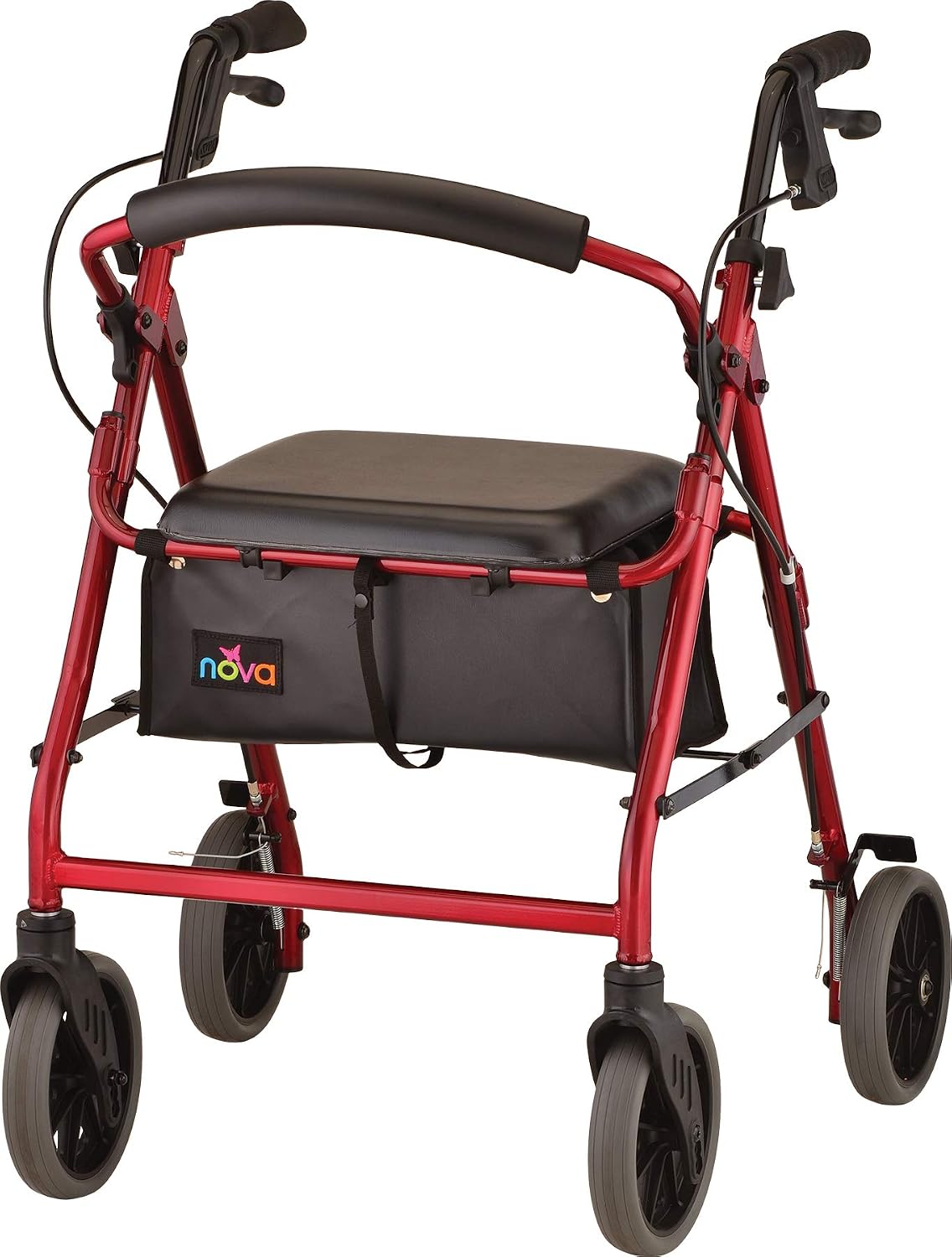 NOVA Zoom 22 Rollator Walker for Seniors, Rolling Walker with Locking Hand Brakes, Padded Seat & 8" Wheels, Lock N Load for Easy Transport & Storage, Adjustable Height 5'5"–6'1", Red