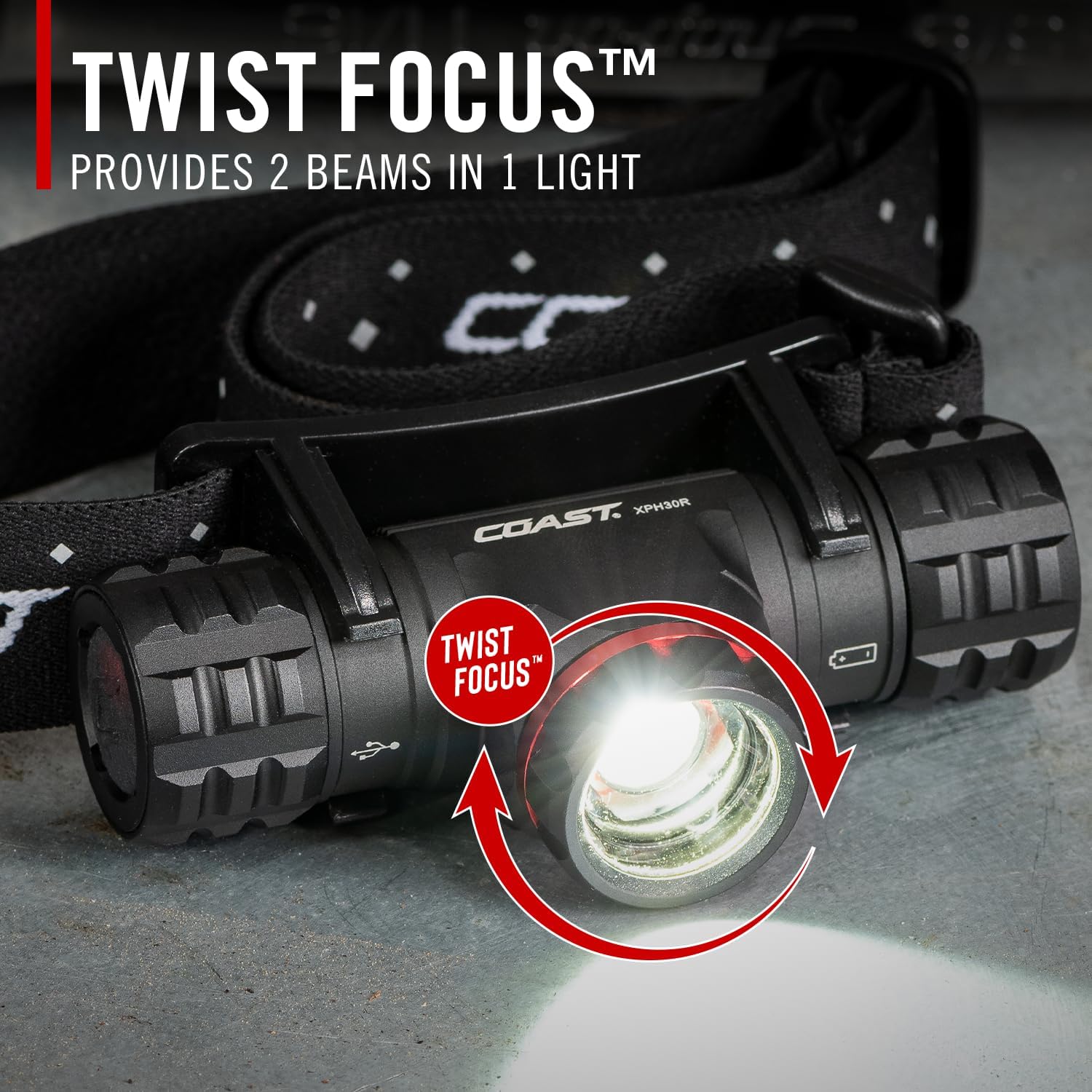 Coast XPH30R 1200 Lumen USB-C Rechargeable Dual Power Headlamp with Twist Focus Beam and Magnetic Base, 4.37 oz. - Black