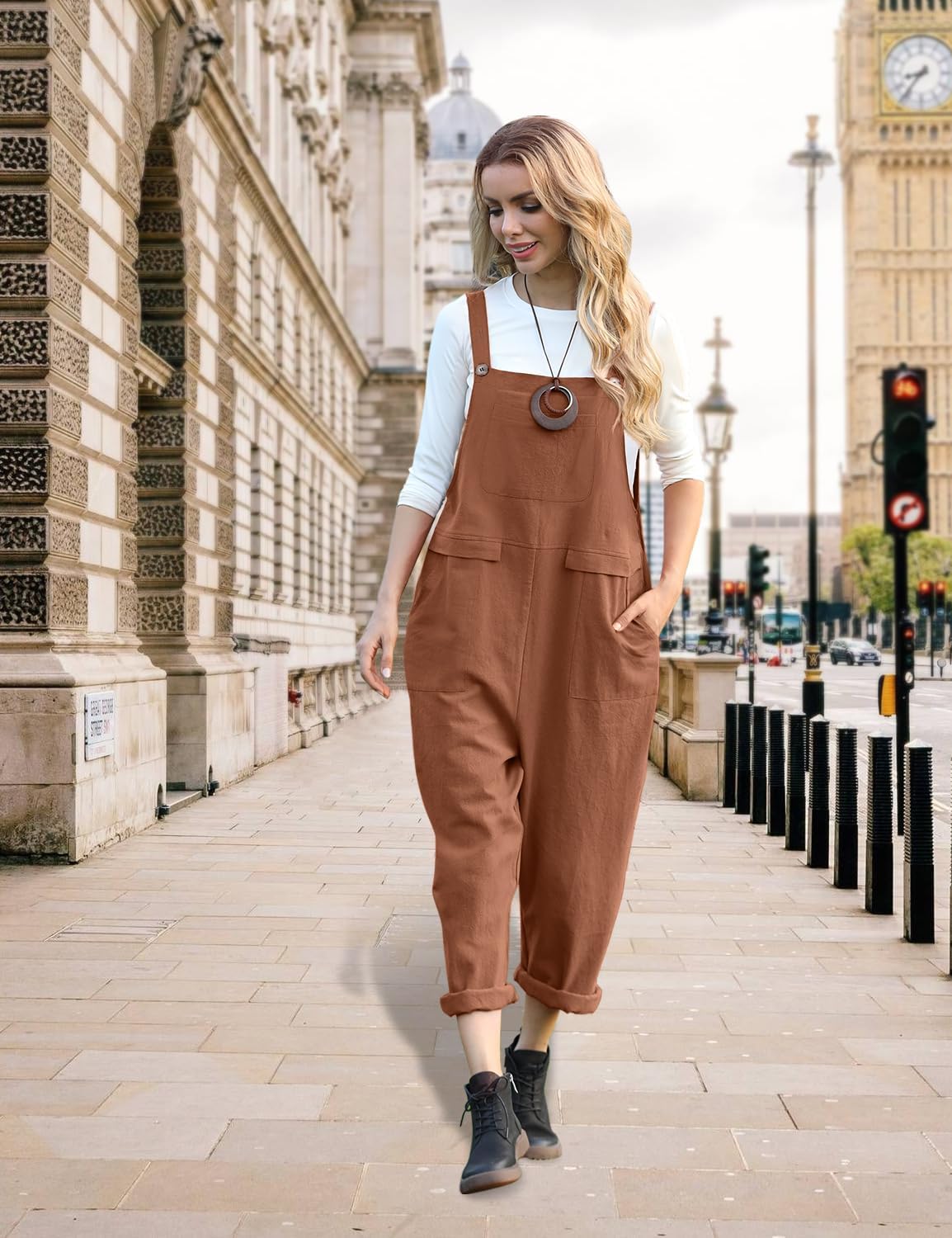 YESNO Women Long Casual Loose Bib Pants Overalls Baggy Rompers Jumpsuits with Pockets PV9
