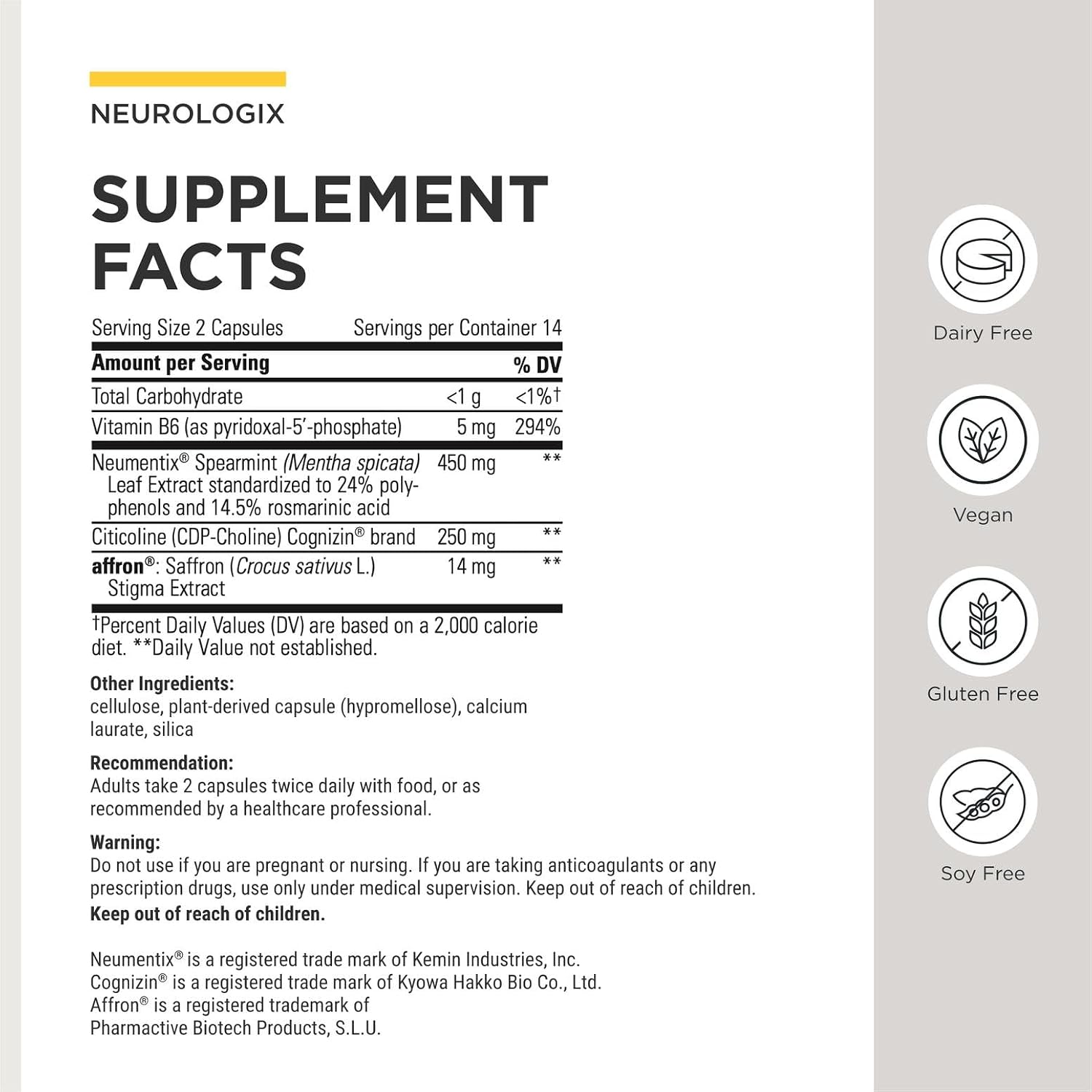Integrative Therapeutics Neurologix - with Saffron and CDP-Choline - Nootropic Supplement for Brain Health*- Focus* - Memory Support* - Vegan